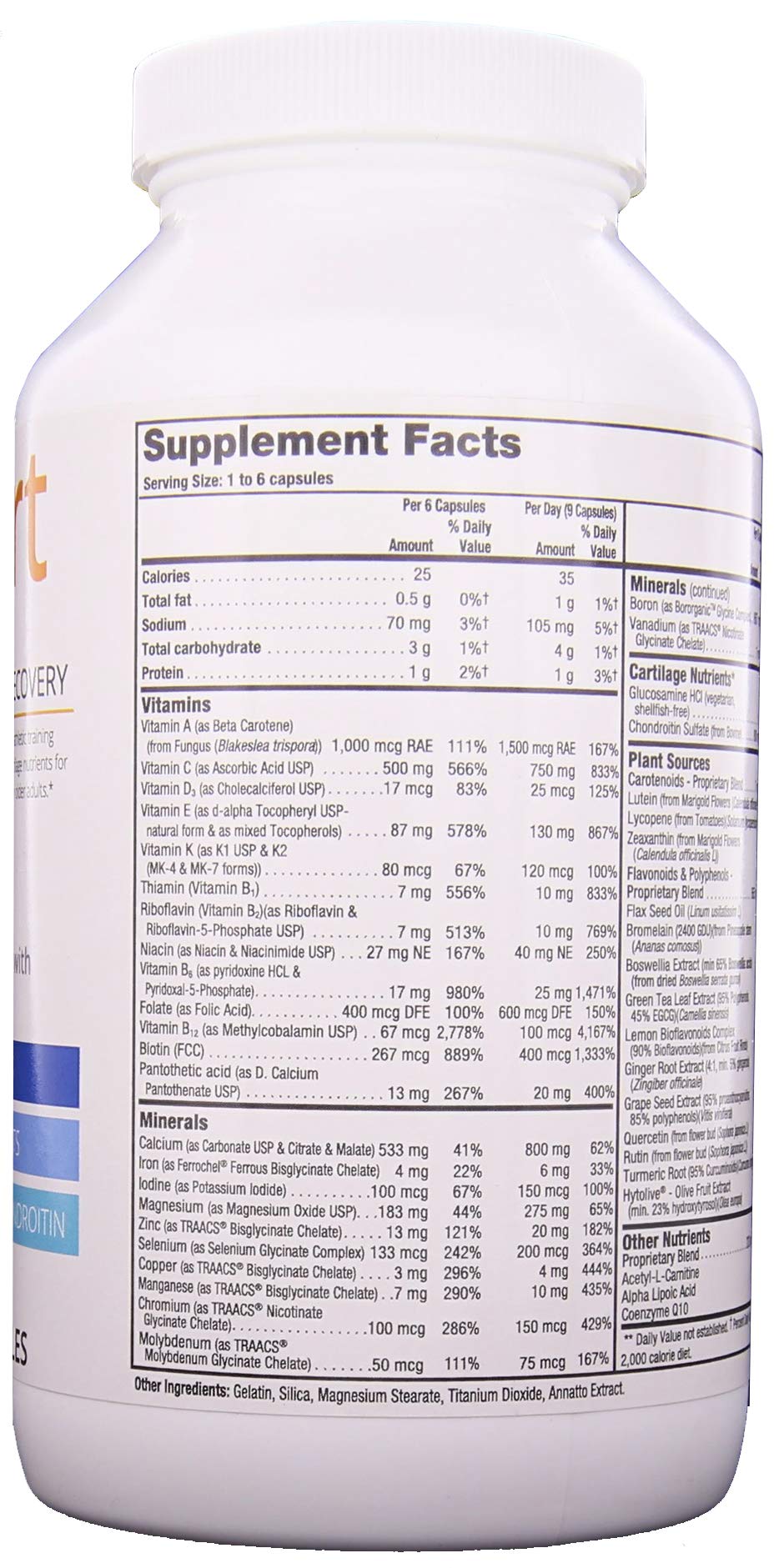 Close-up of Nutriex Sport multivitamin with glucosamine and chondroitin ingredients