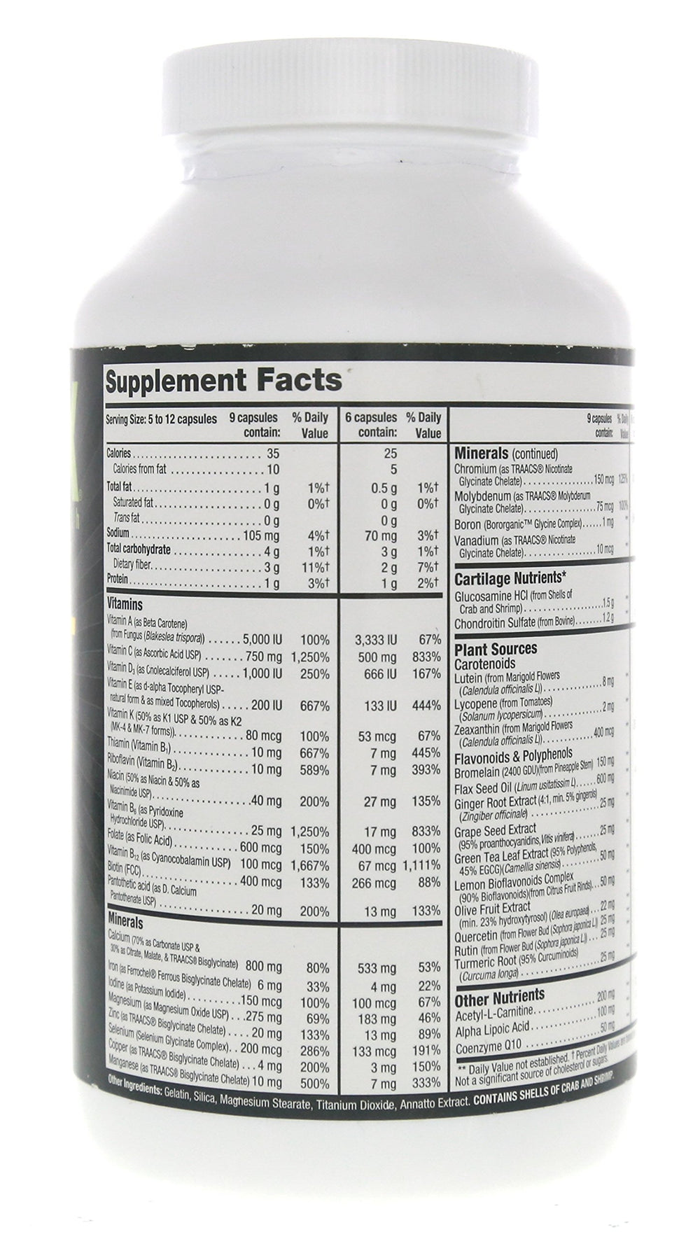 Supplement facts showing 44 nutrients in Nutriex Sport multivitamin