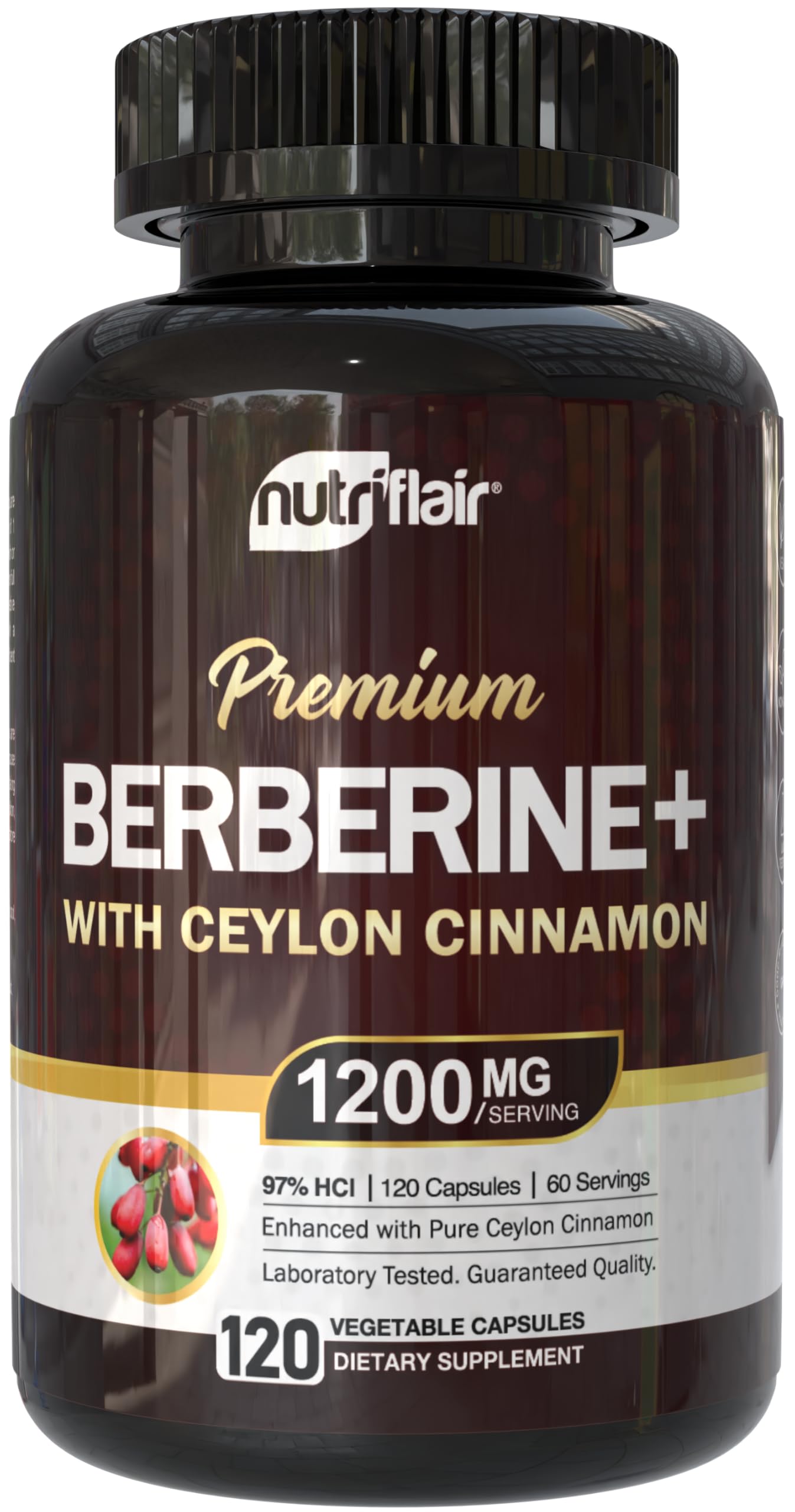 NutriFlair Berberine 97% HCl with Ceylon Cinnamon bottle and capsules