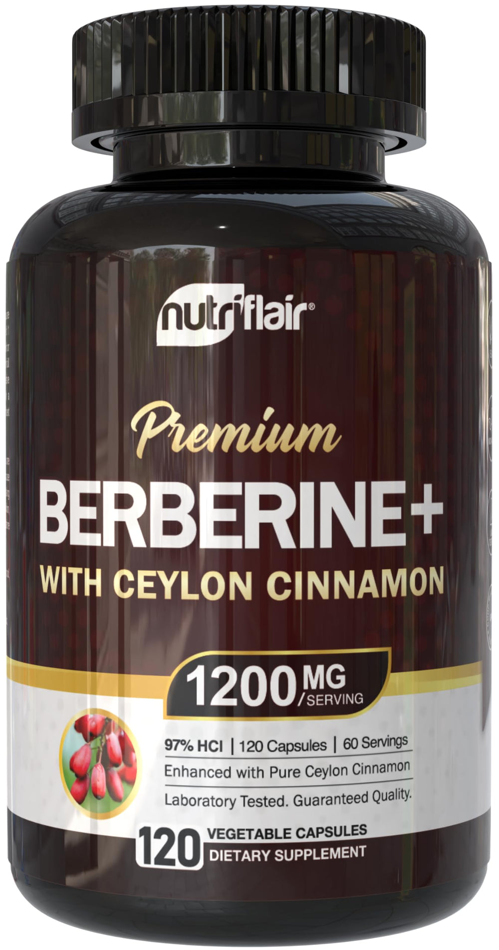 NutriFlair Berberine 97% HCl with Ceylon Cinnamon bottle and capsules