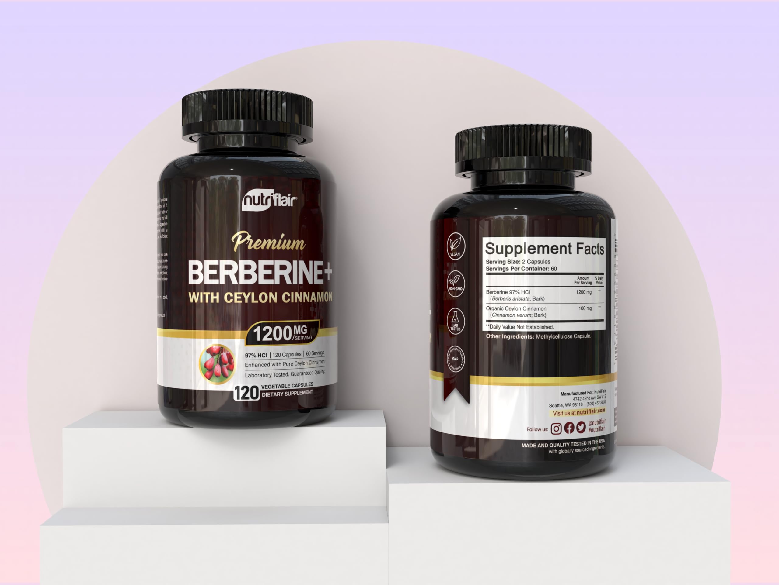 Close-up of Berberine HCl 97% and Cinnamon ingredient labels