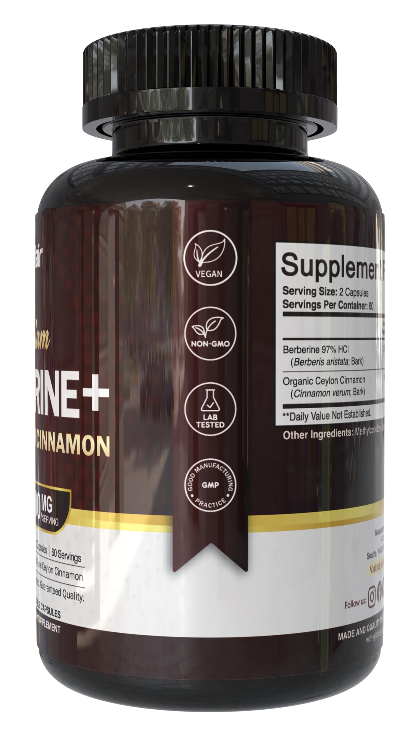 Two capsules serving showing 1200mg Berberine HCl (97%) and 200mg Cinnamon