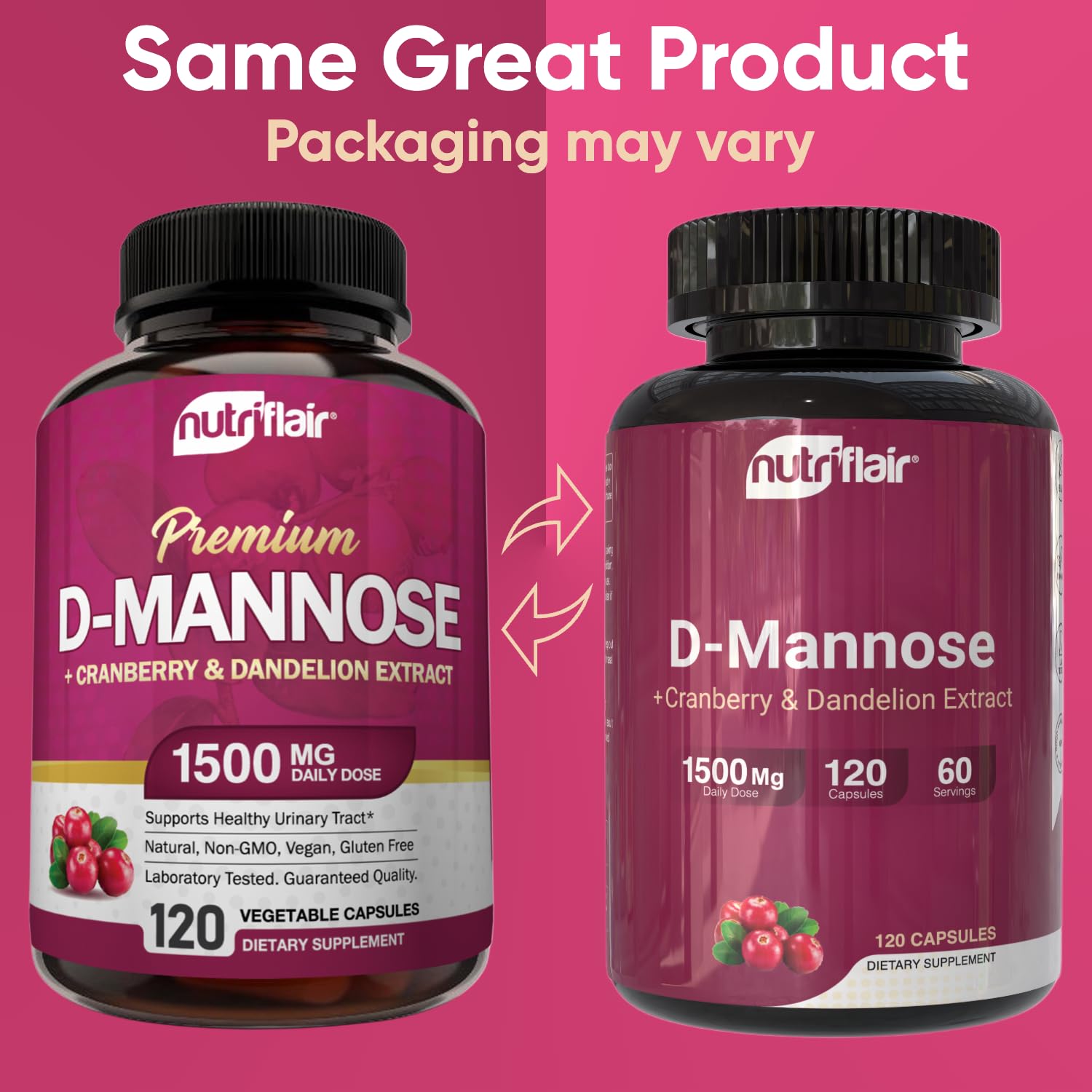 Side view of NutriFlair D-Mannose 1200mg bottle with label
