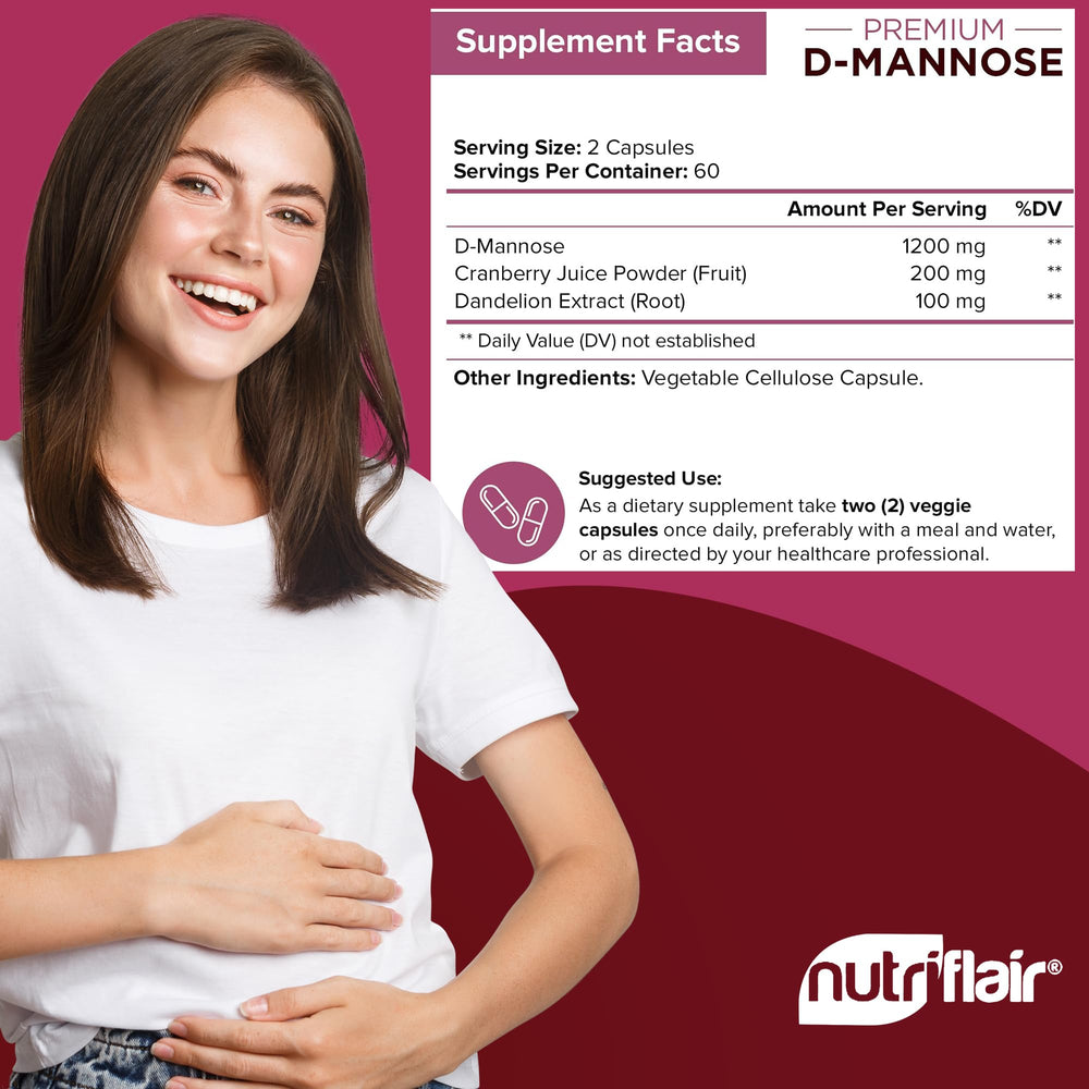 Nutrition label and ingredients on NutriFlair D-Mannose 1200mg bottle