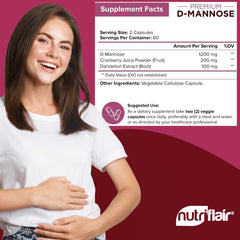 Nutrition label and ingredients on NutriFlair D-Mannose 1200mg bottle