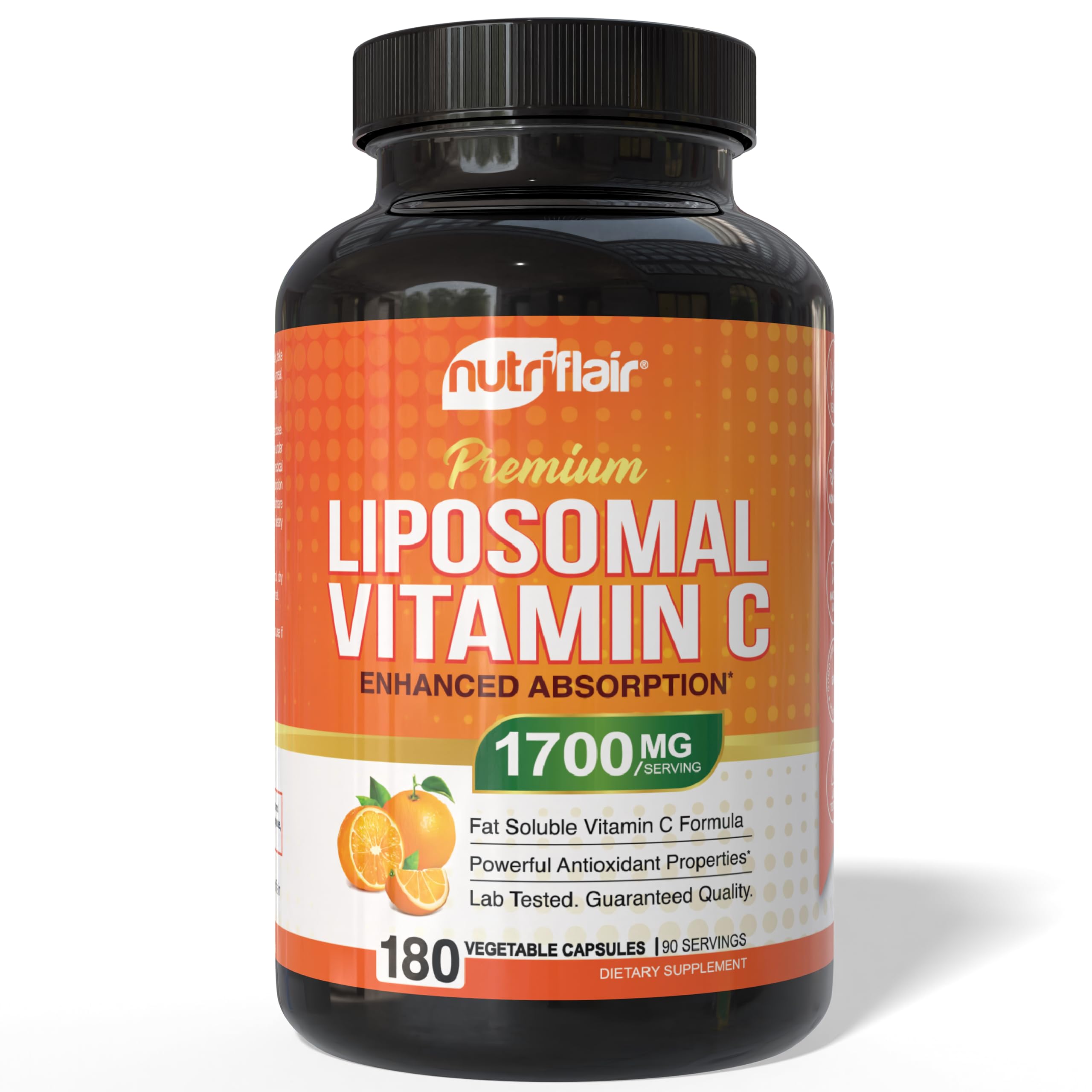 Bottle of NutriFlair Liposomal Vitamin C 1700mg, 180 vegan capsules