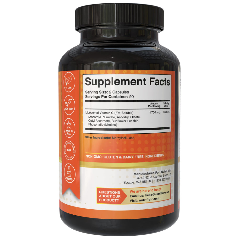 Close-up of NutriFlair Liposomal Vitamin C bottle
