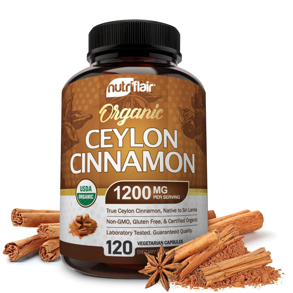NutriFlair Organic Ceylon Cinnamon supplement bottle – front view