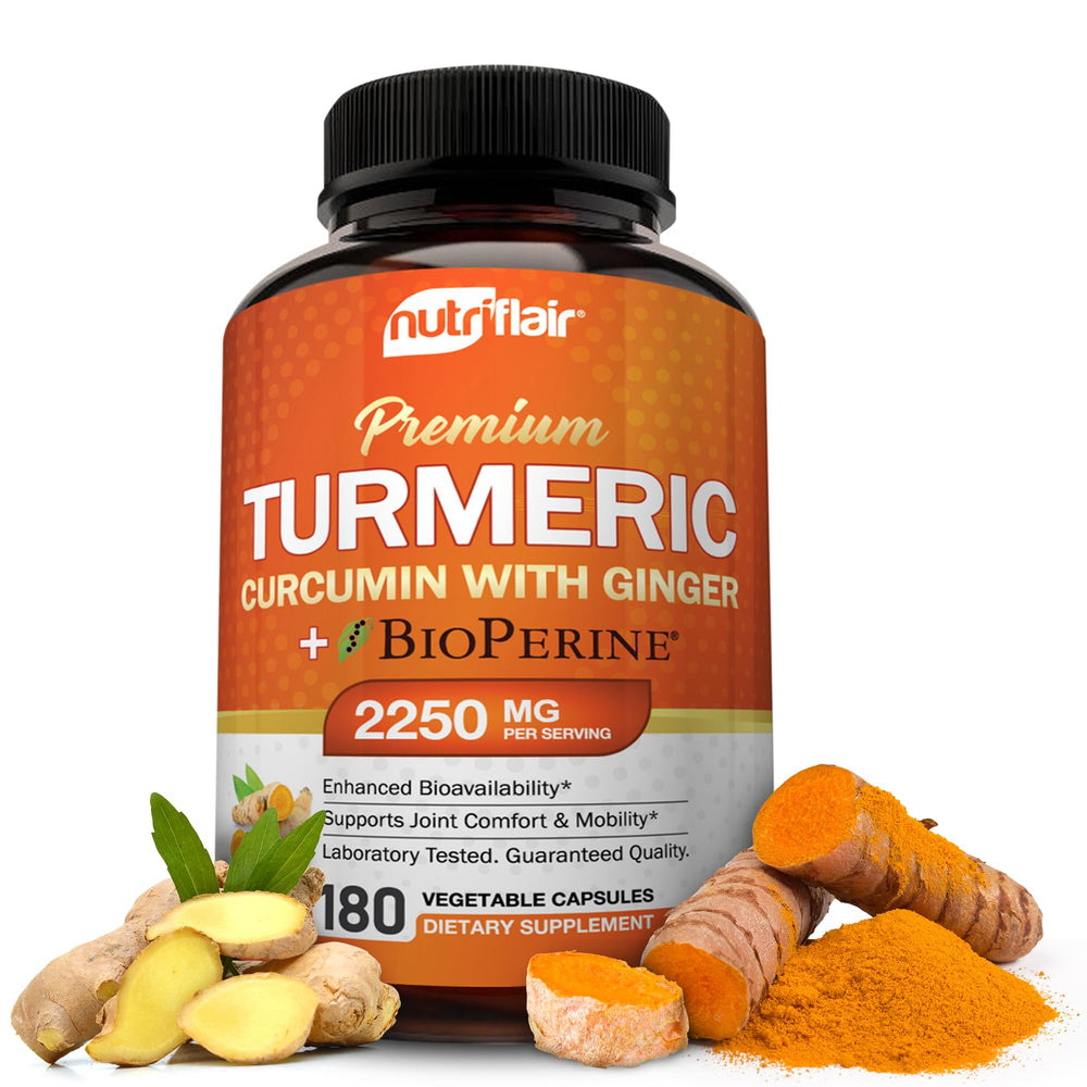 NutriFlair Turmeric Curcumin with Ginger and BioPerine bottle, front view