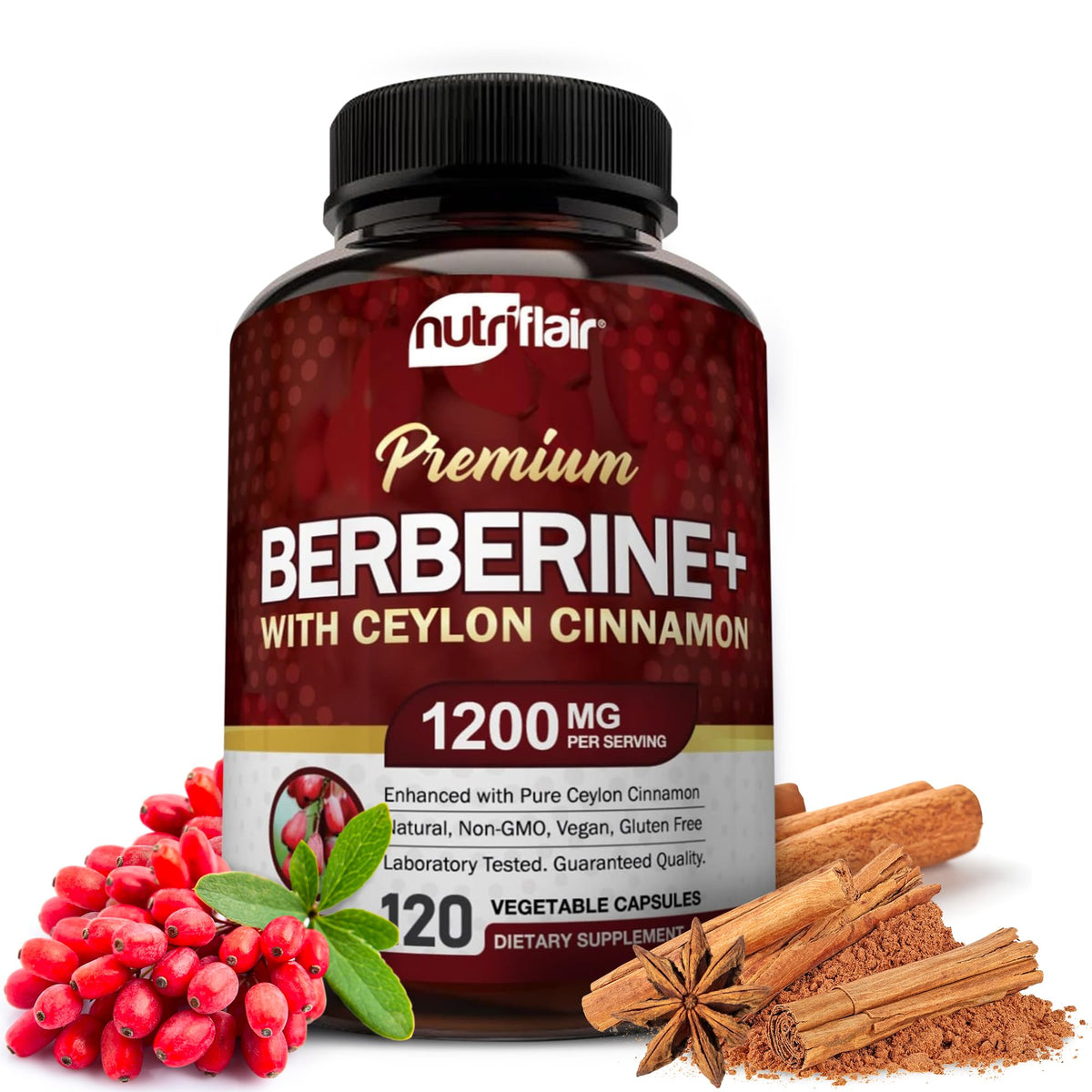 NutriFlair Berberine HCL 1200mg Cinnamon bottle front view