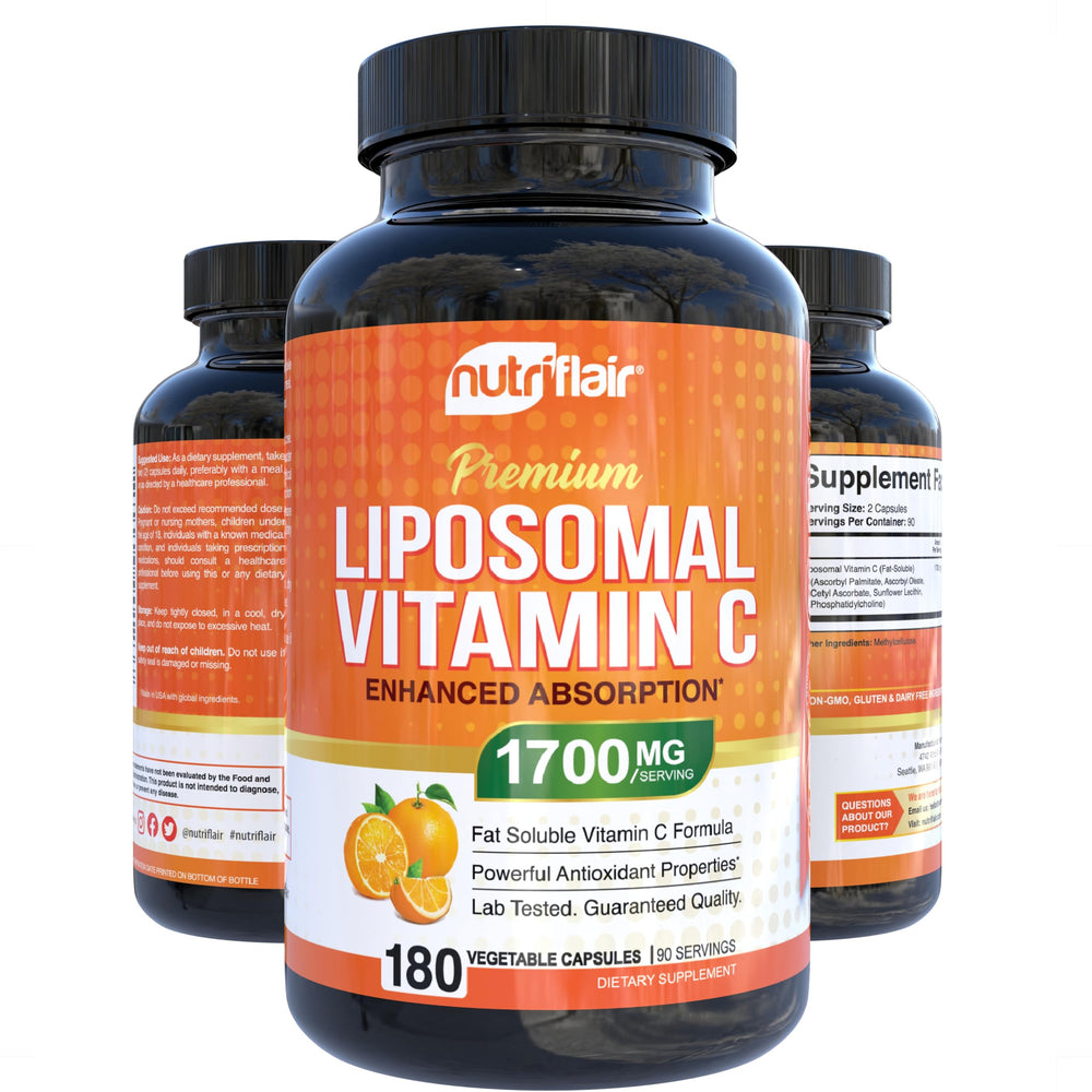 NutriFlair Liposomal Vitamin C vegan formula label emphasizing plant-based nutrition