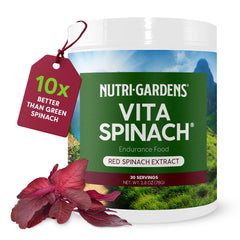 NutriGardens Vita Spinach Powder bottle shows natural red spinach extract for clean pre-workout energy.