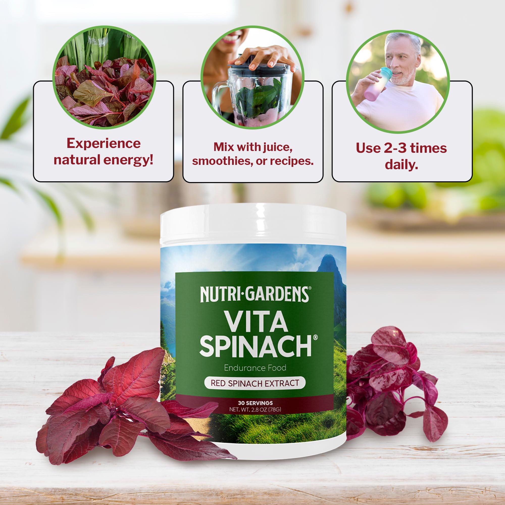 NutriGardens Vita Spinach Powder dissolves easily into drinks for quick hydration and energy.