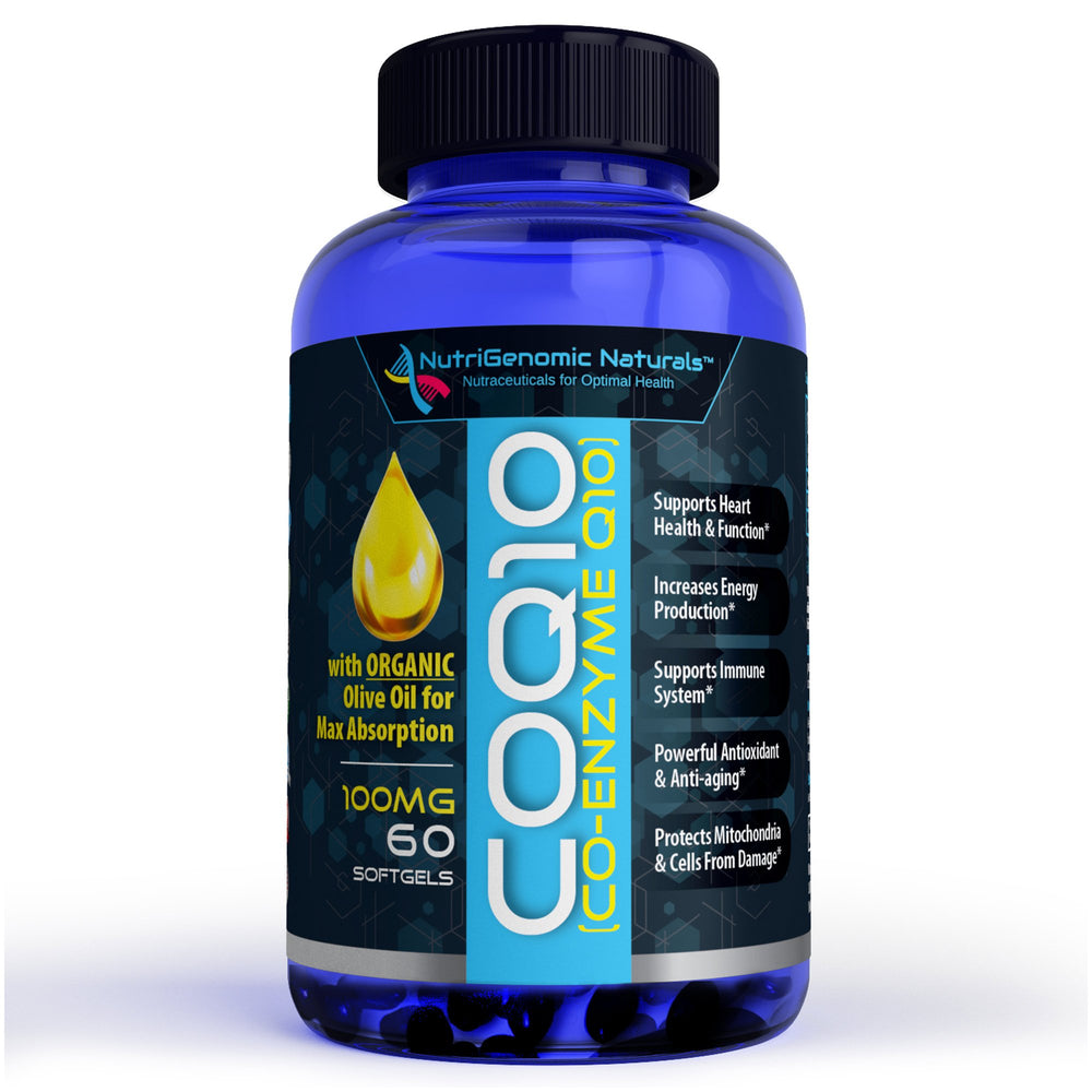 Bottle of NutriGenomic Naturals CoQ10 100mg 60 softgels with label