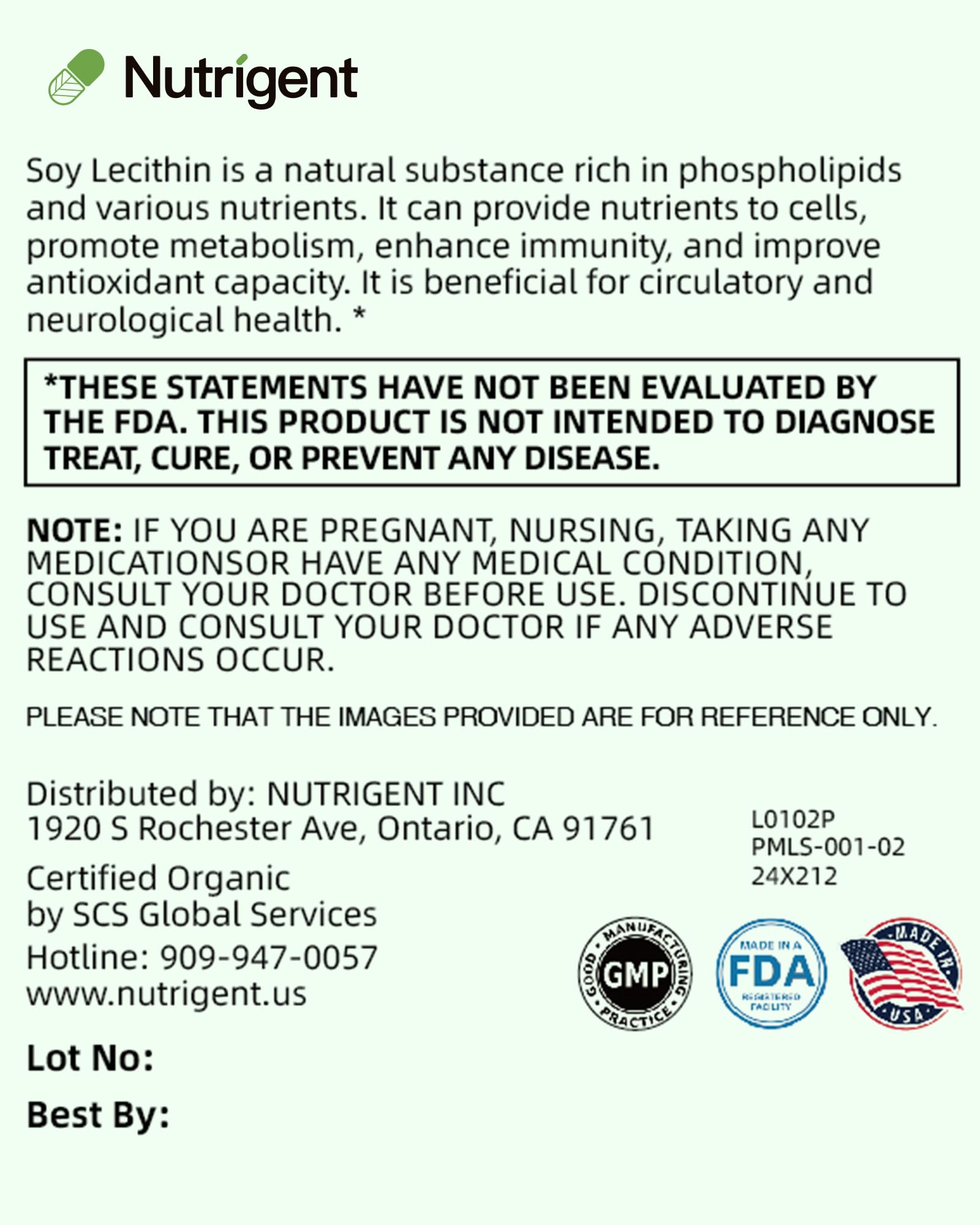 Nutrigent Soy Lecithin gluten-free and non-GMO packaging label