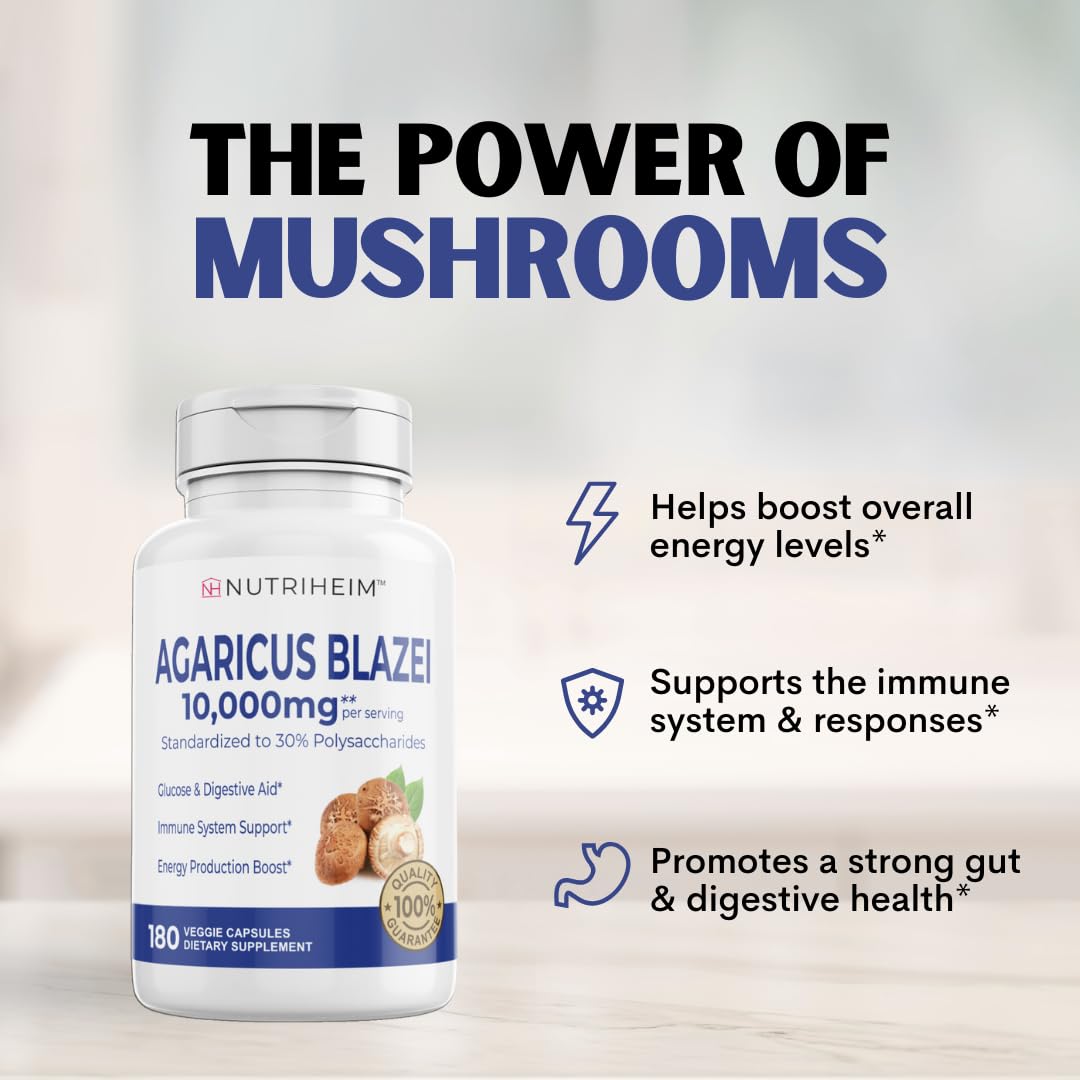 Product label highlighting Agaricus Blazei and polysaccharides