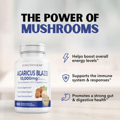 Product label highlighting Agaricus Blazei and polysaccharides