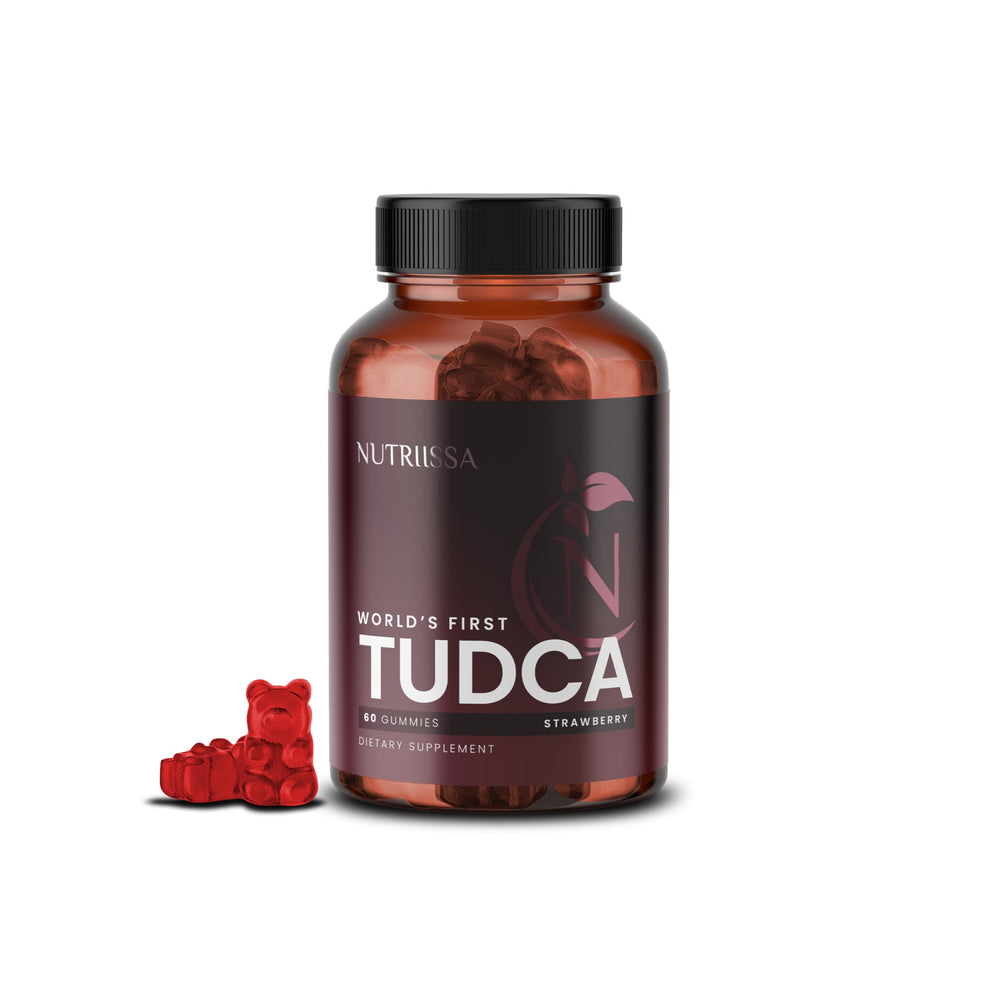 Nutriissa TUDCA Gummies bottle front with 60 strawberry vegan gummies