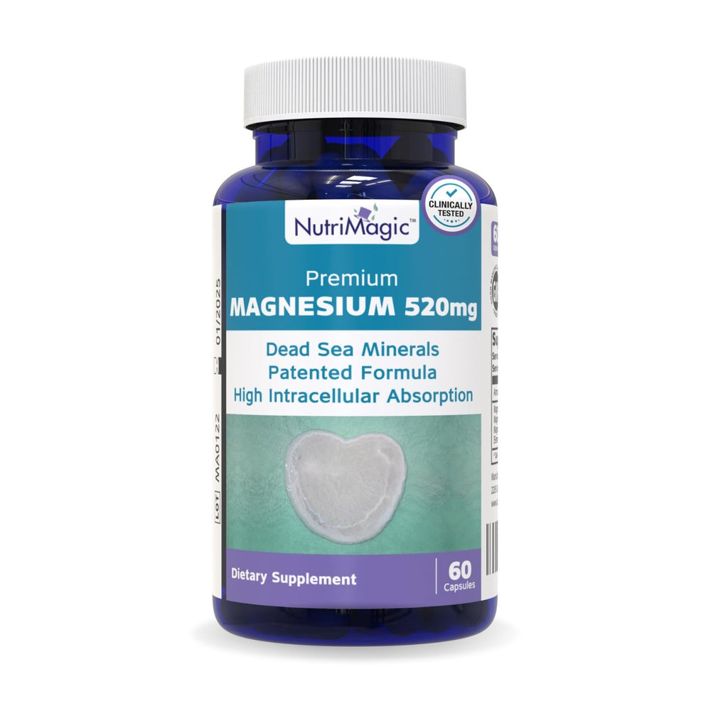NutriMagic 520mg patented high-absorption magnesium from Dead Sea minerals bottle label close-up