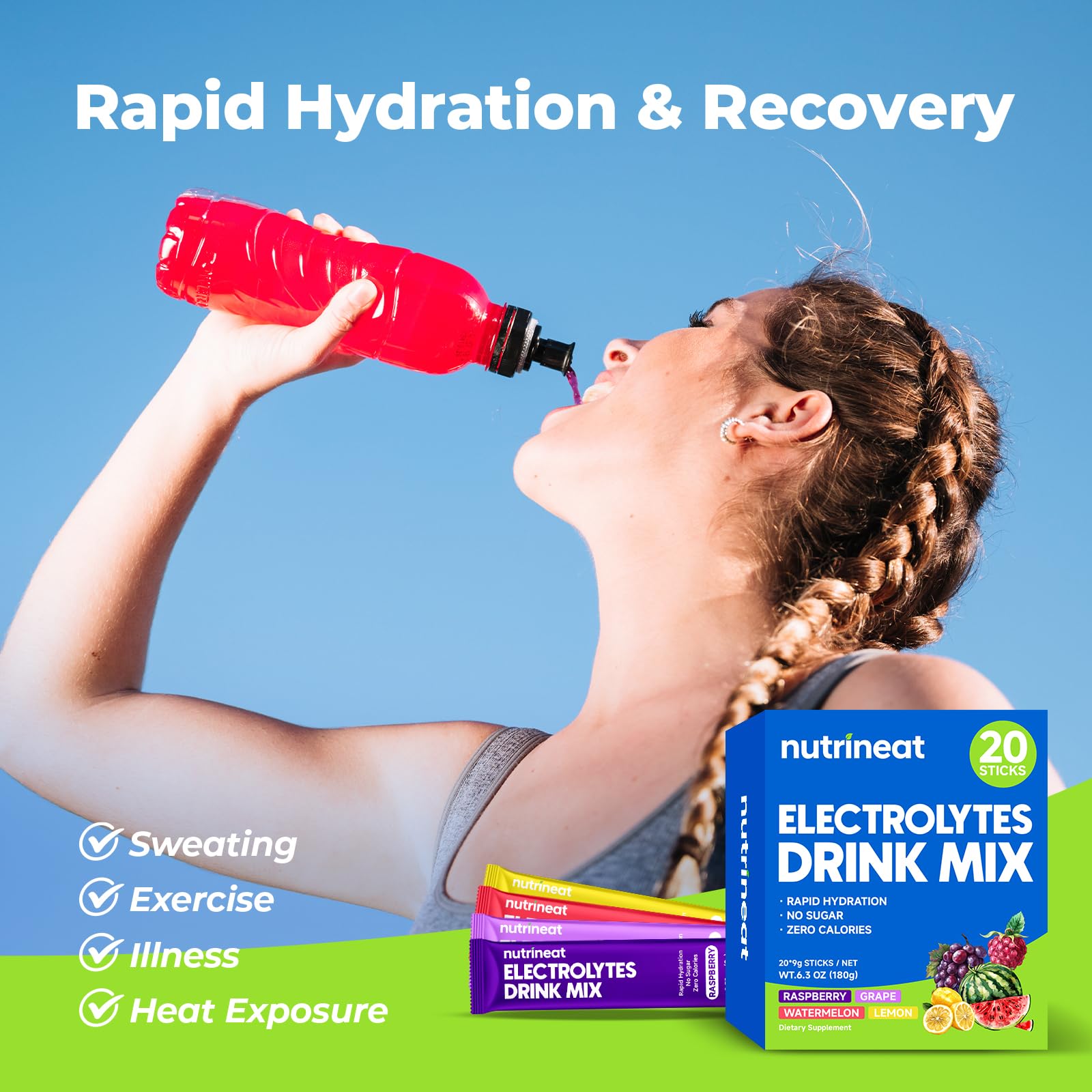 NutriNeat electrolytes watermelon packet mixed in water for tropical flavor hydration.
