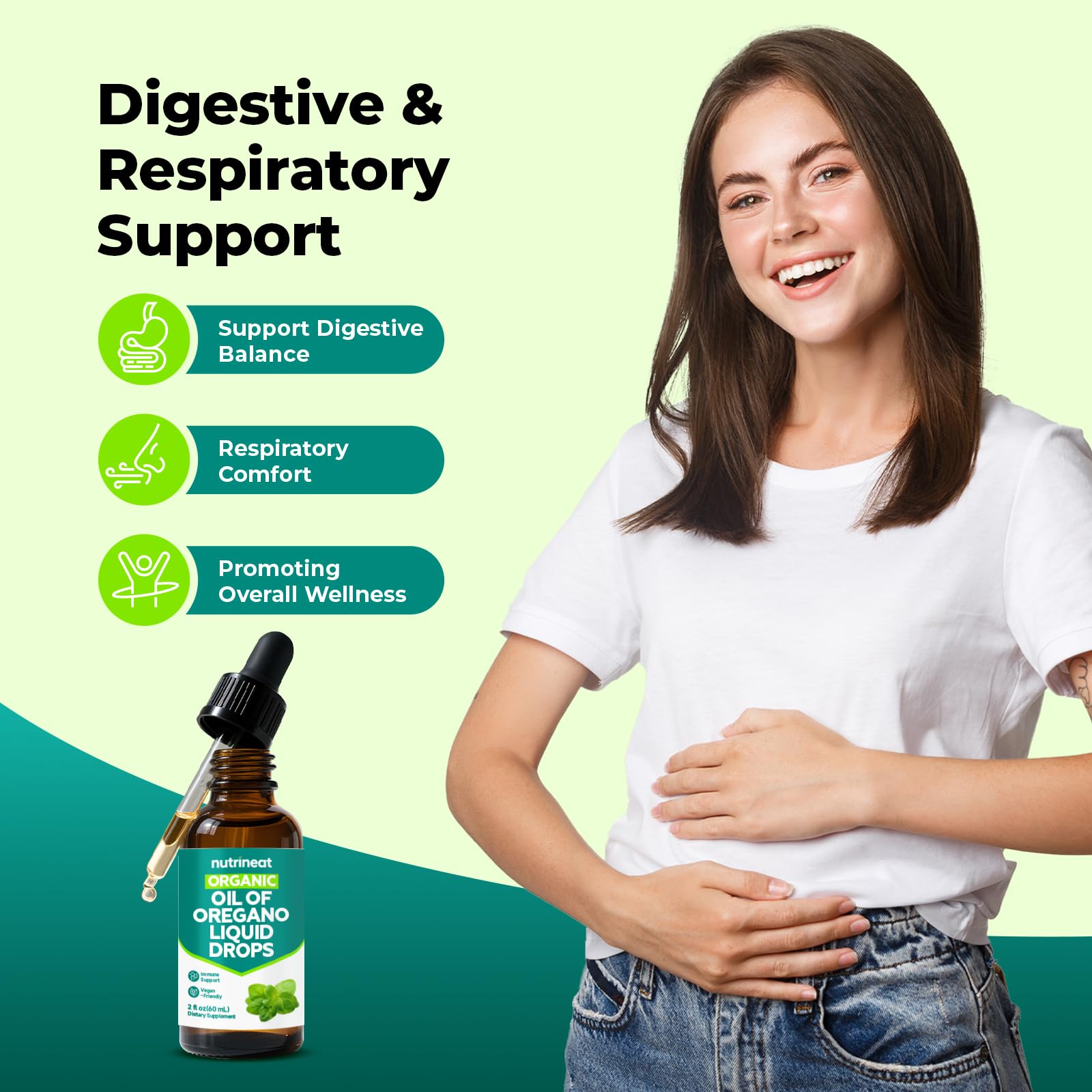 Close-up of dropper dispensing oregano oil drops