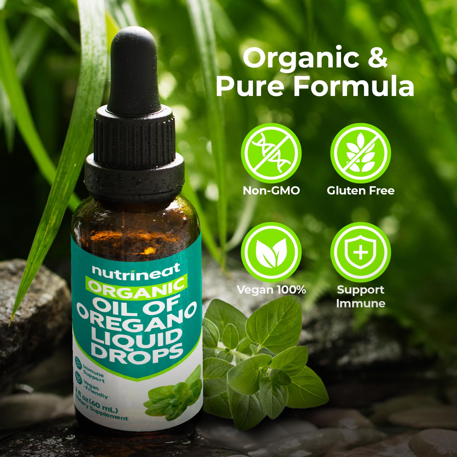 Illustration of oregano oil with black seed oil and organic extra virgin olive oil