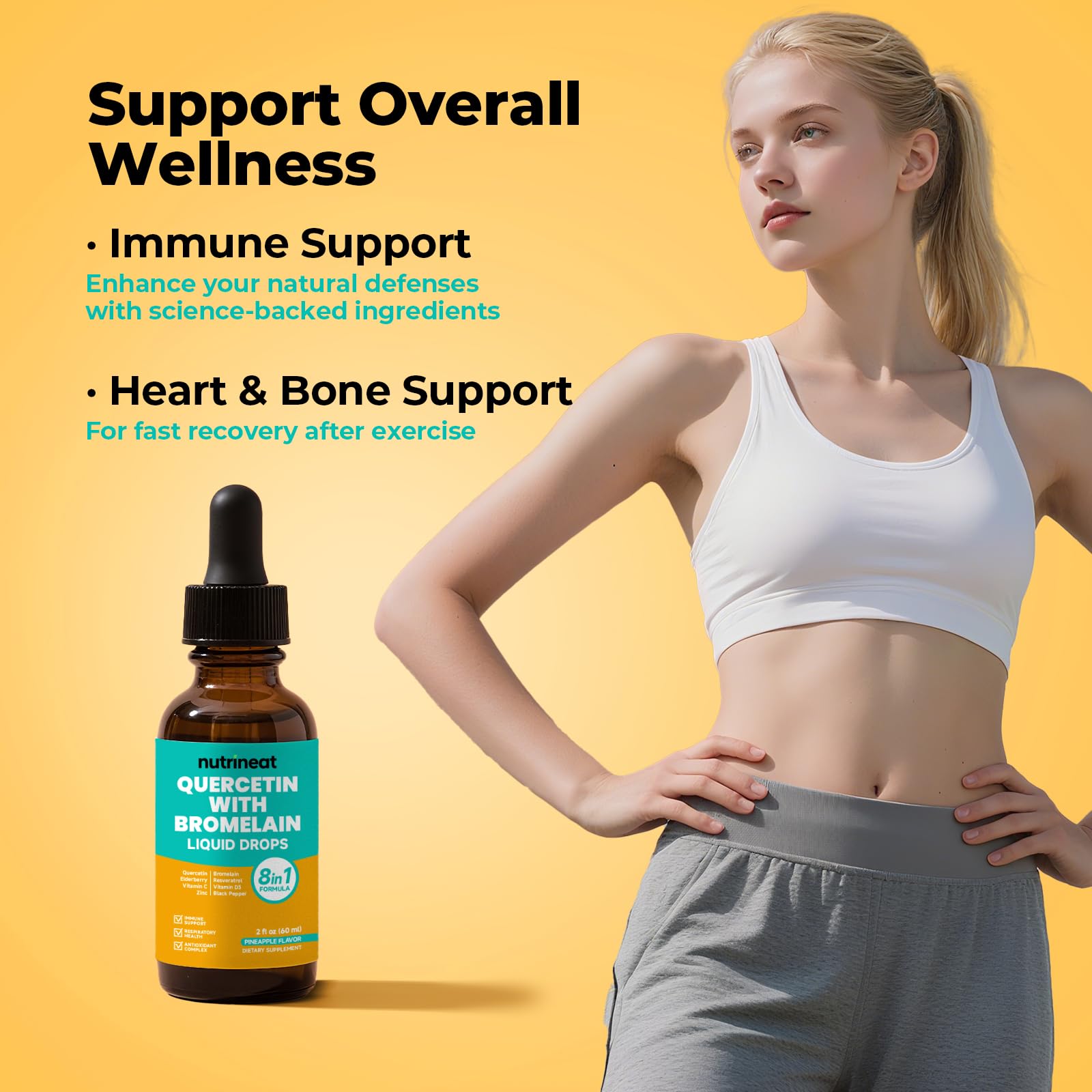 Graphic illustrating quercetin bromelain elderberry zinc vitamin C and D3