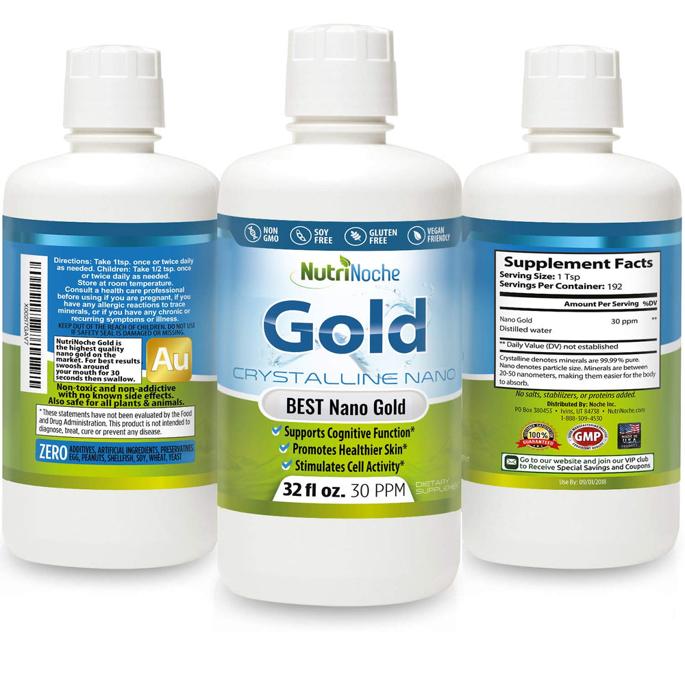 Close-up of Nutrinoche 32 oz colloidal gold bottle