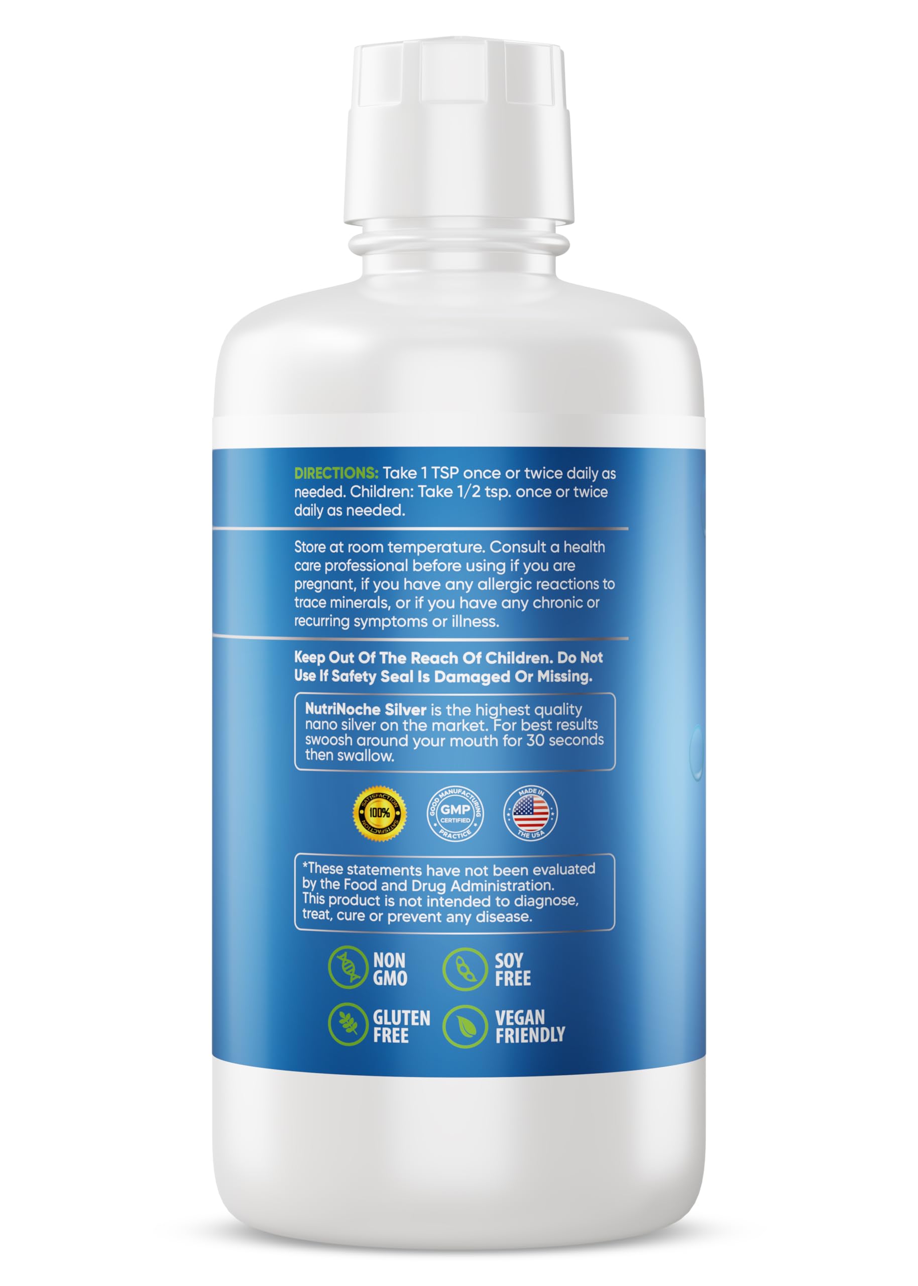 Close-up of NutriNoche 30 ppm colloidal silver label