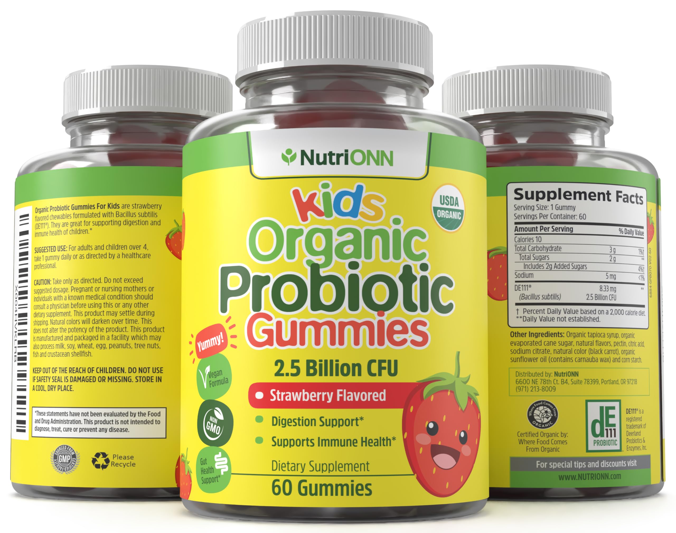 NutriONN Kids Probiotic Gummies bottle back showing nutrition panel