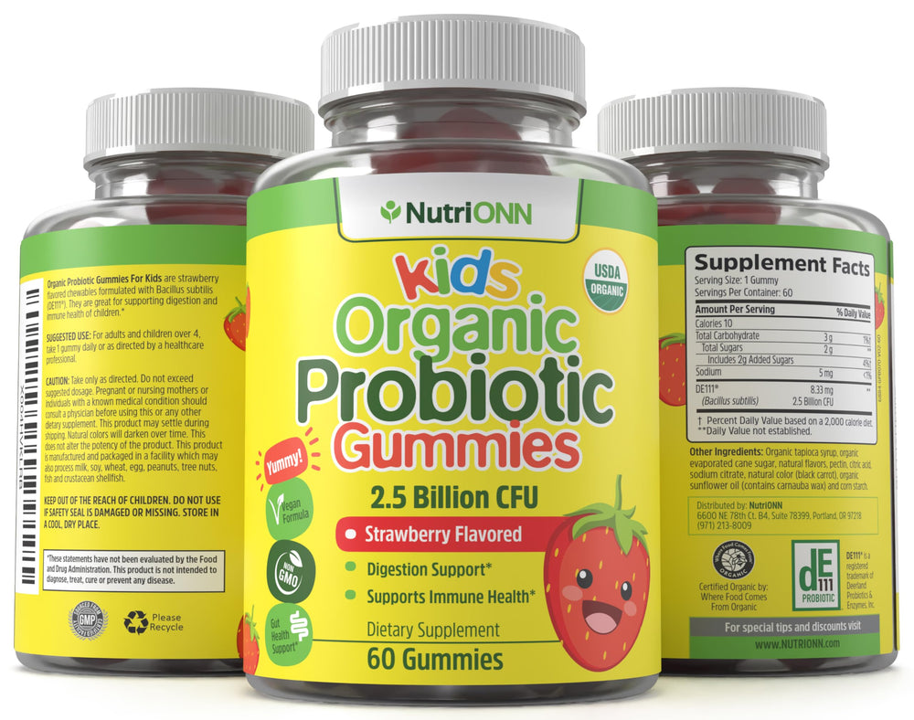NutriONN Kids Probiotic Gummies bottle back showing nutrition panel