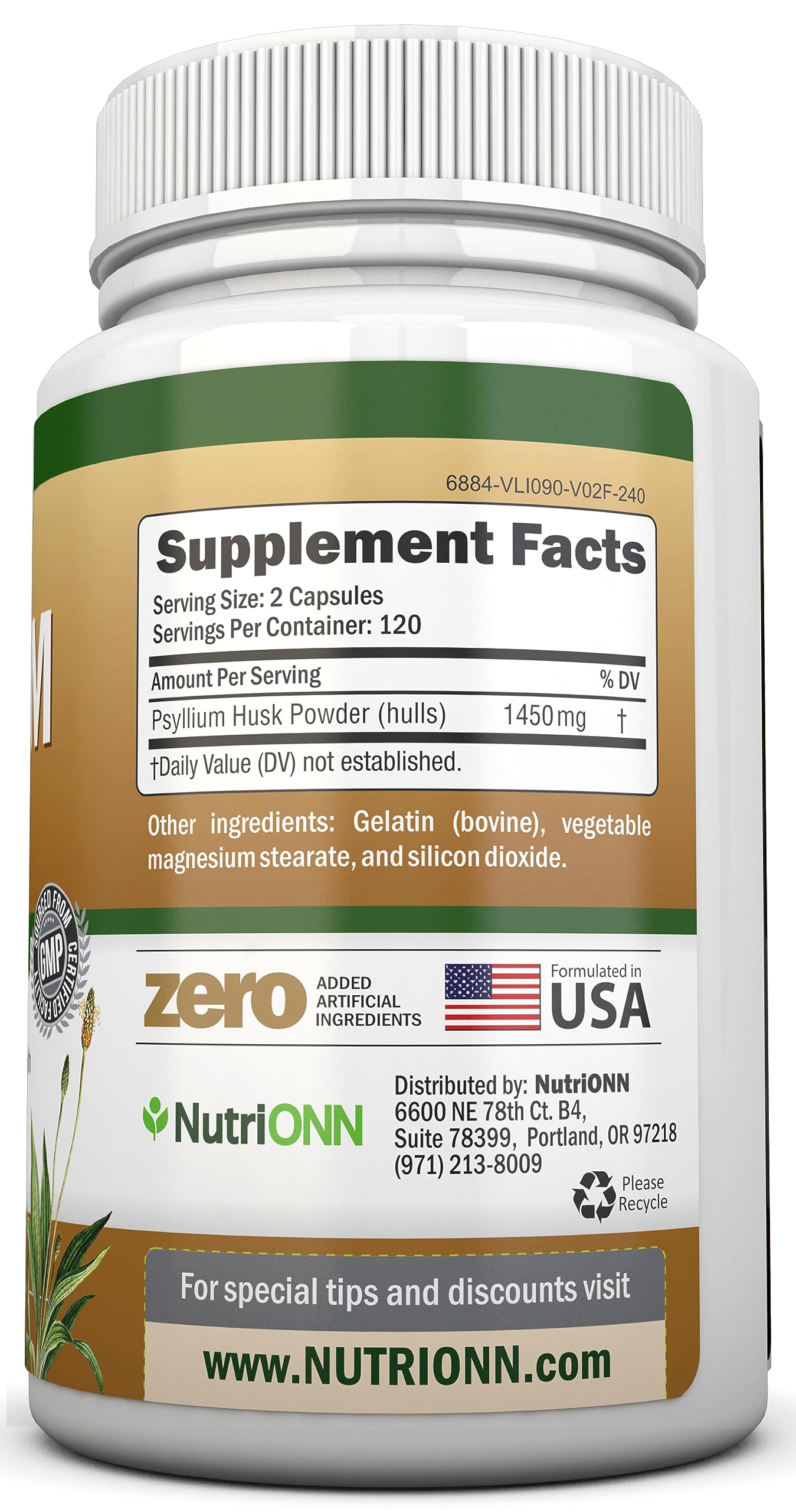 Serving size of NutriONN Psyllium Husk Capsules 1450mg