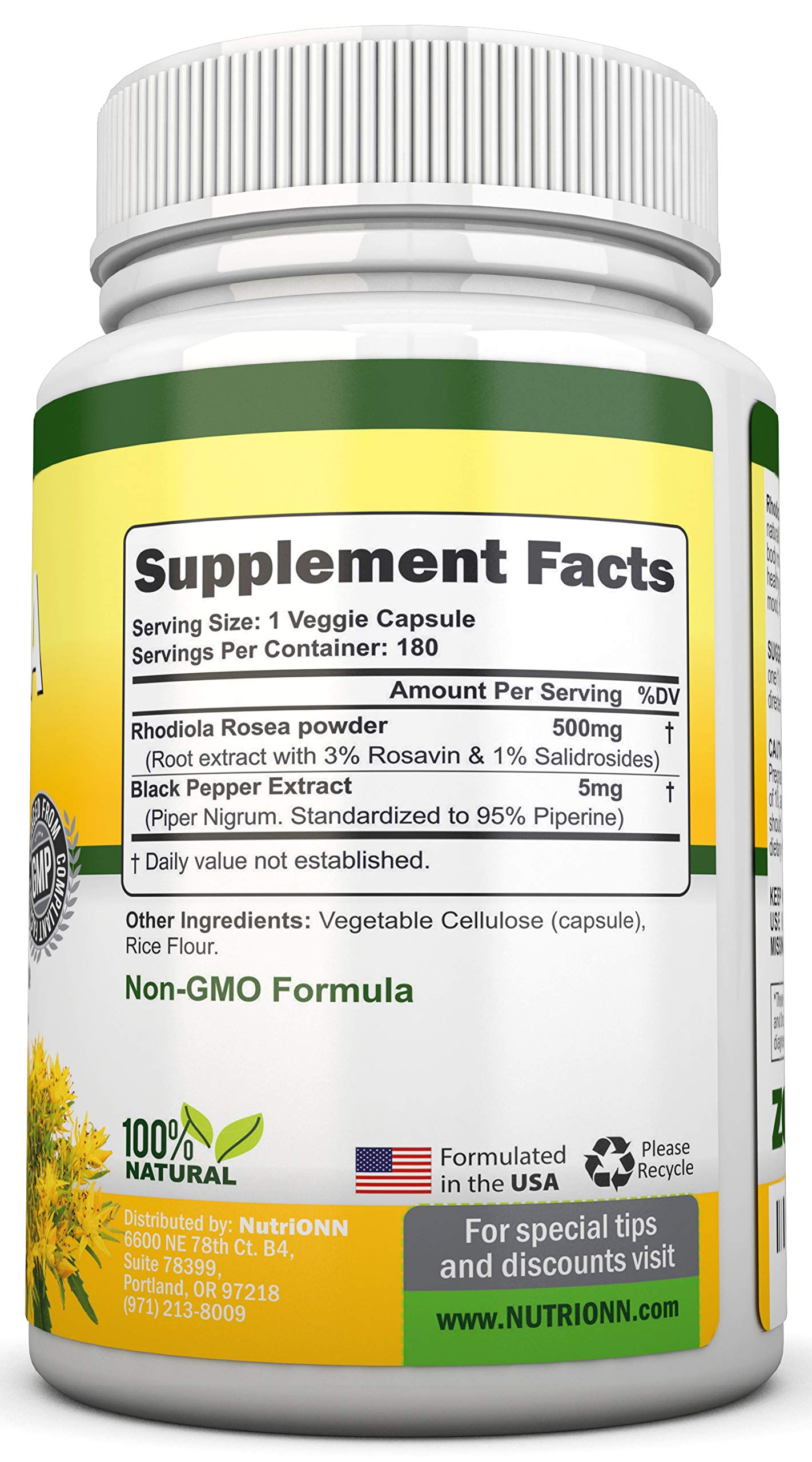 NutriONN Rhodiola Rosea 500mg capsules indicating energy during workouts.