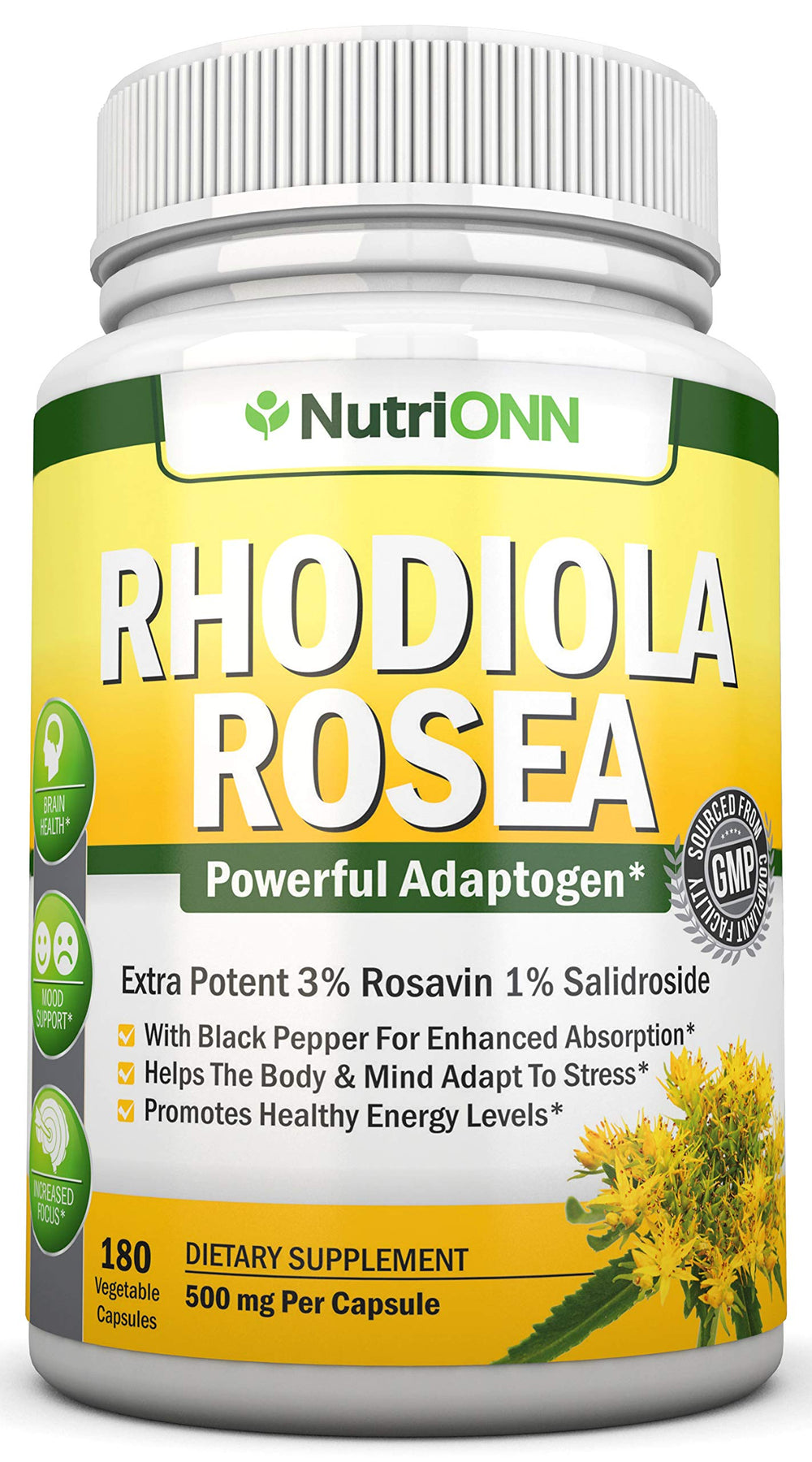 NutriONN Rhodiola Rosea bottle showing potency and profile for daily use.