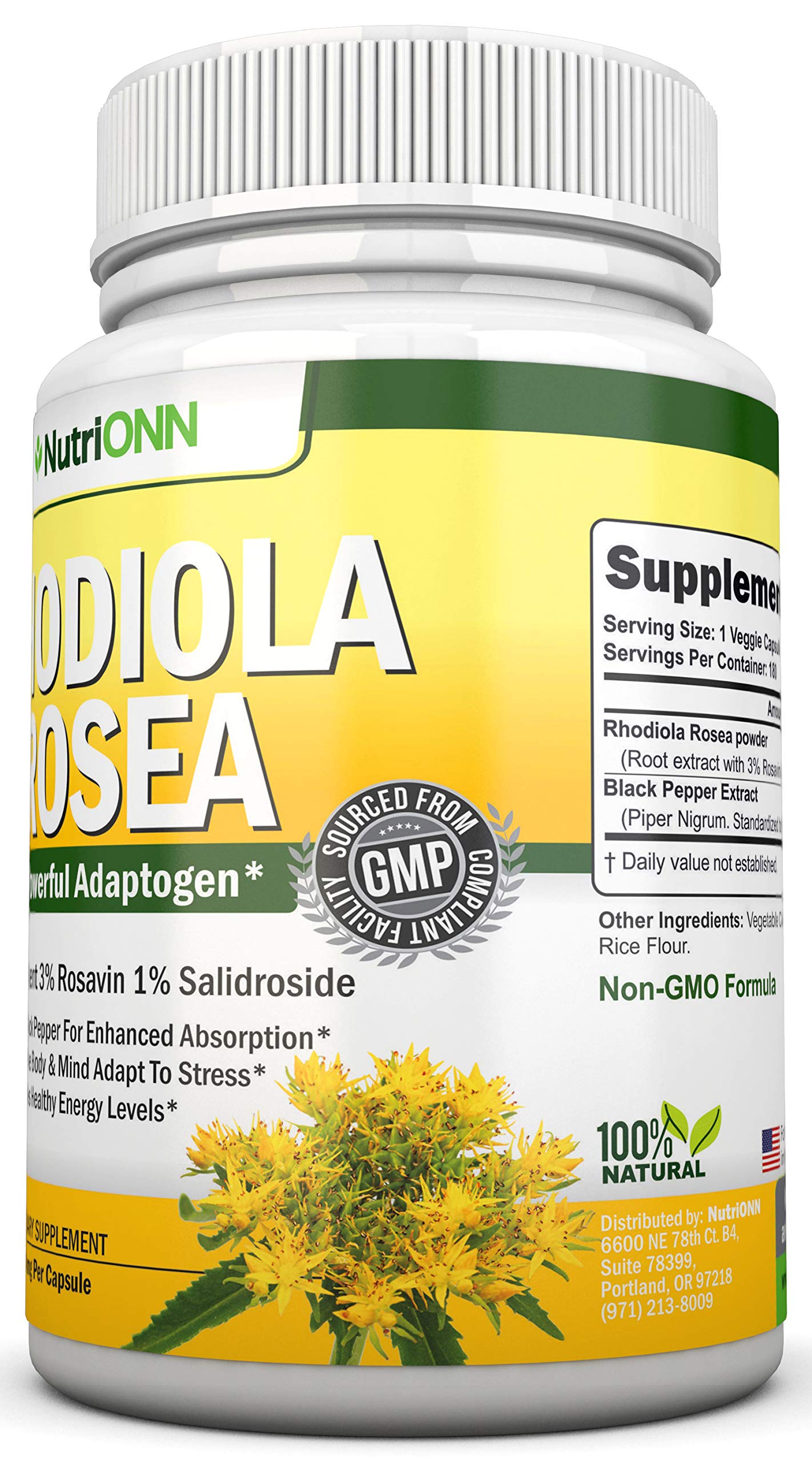 NutriONN Rhodiola Rosea bottle in a gym bag near a water bottle.