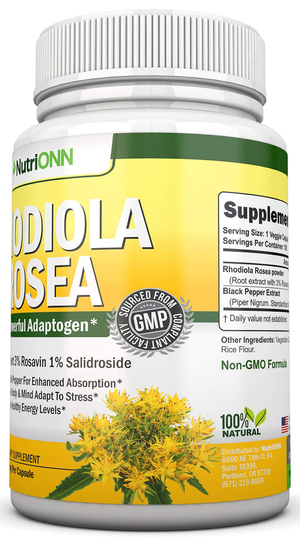 NutriONN Rhodiola Rosea bottle in a gym bag near a water bottle.