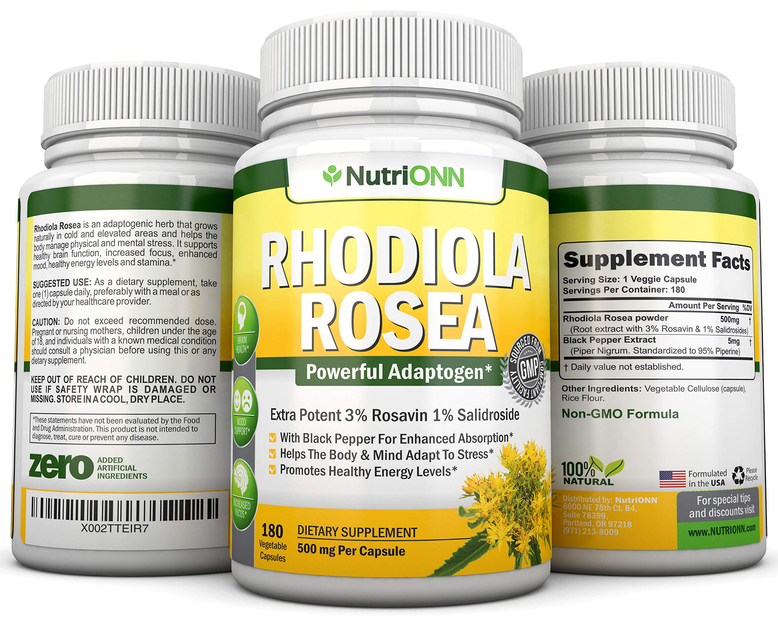 NutriONN Rhodiola Rosea ingredients panel with Rosavin and Salidroside.