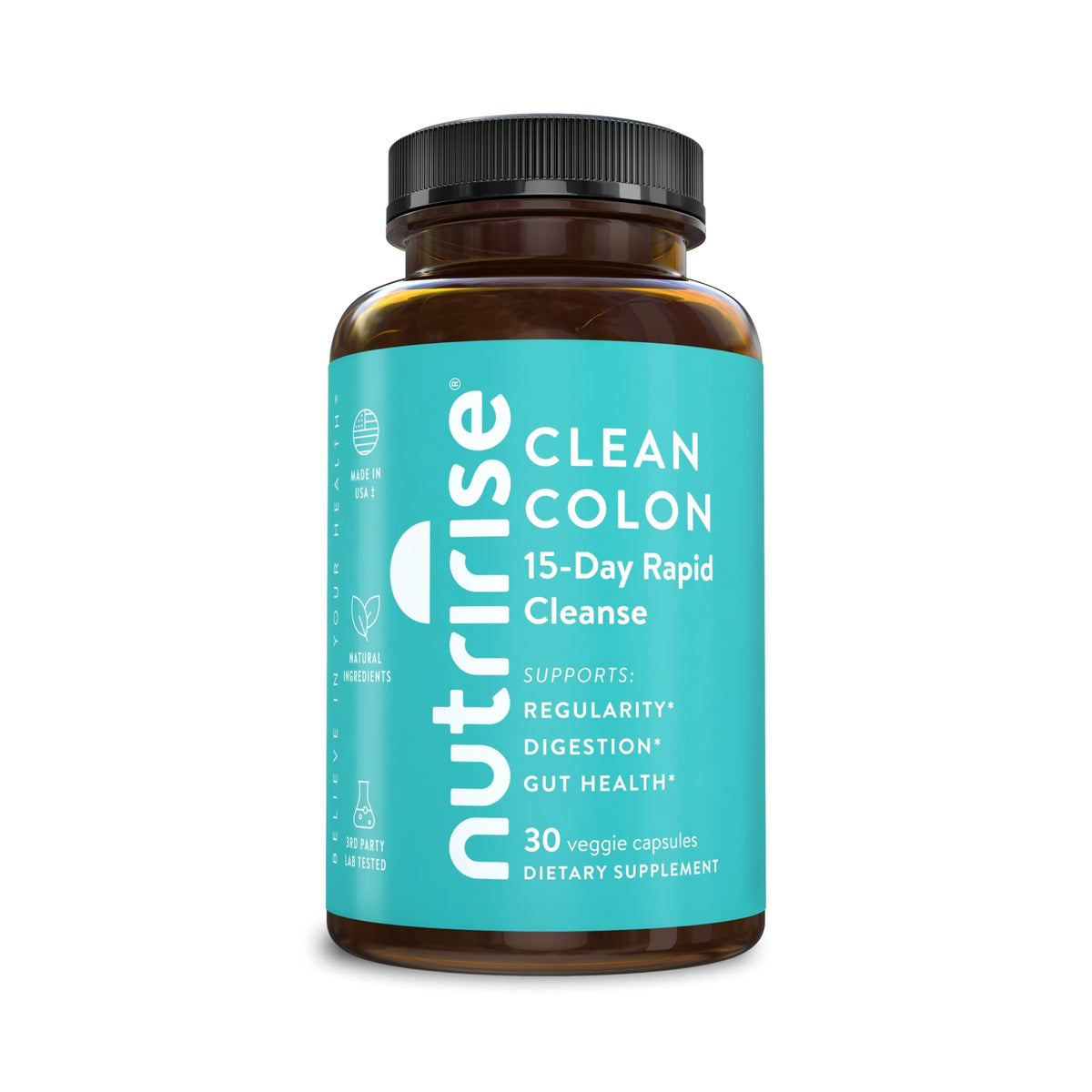 NutriRise 15-day colon cleanse bottle promotes a refreshing digestive-start routine.