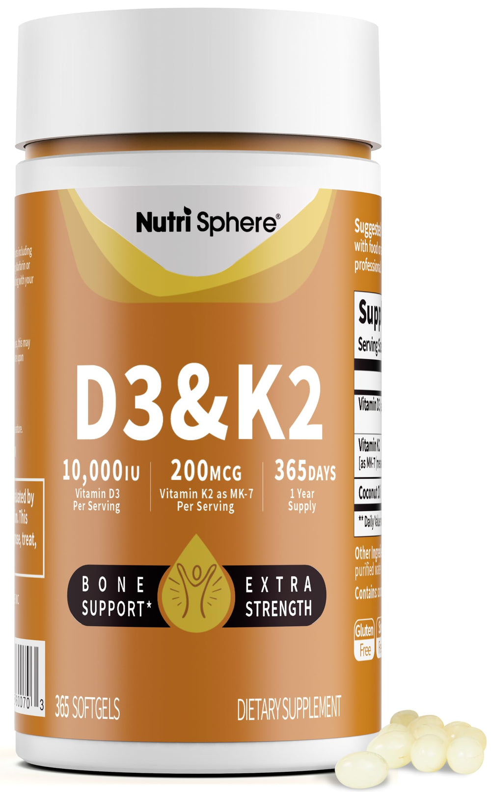 Front view of NutriSphere Vitamin D3 & K2 bottle
