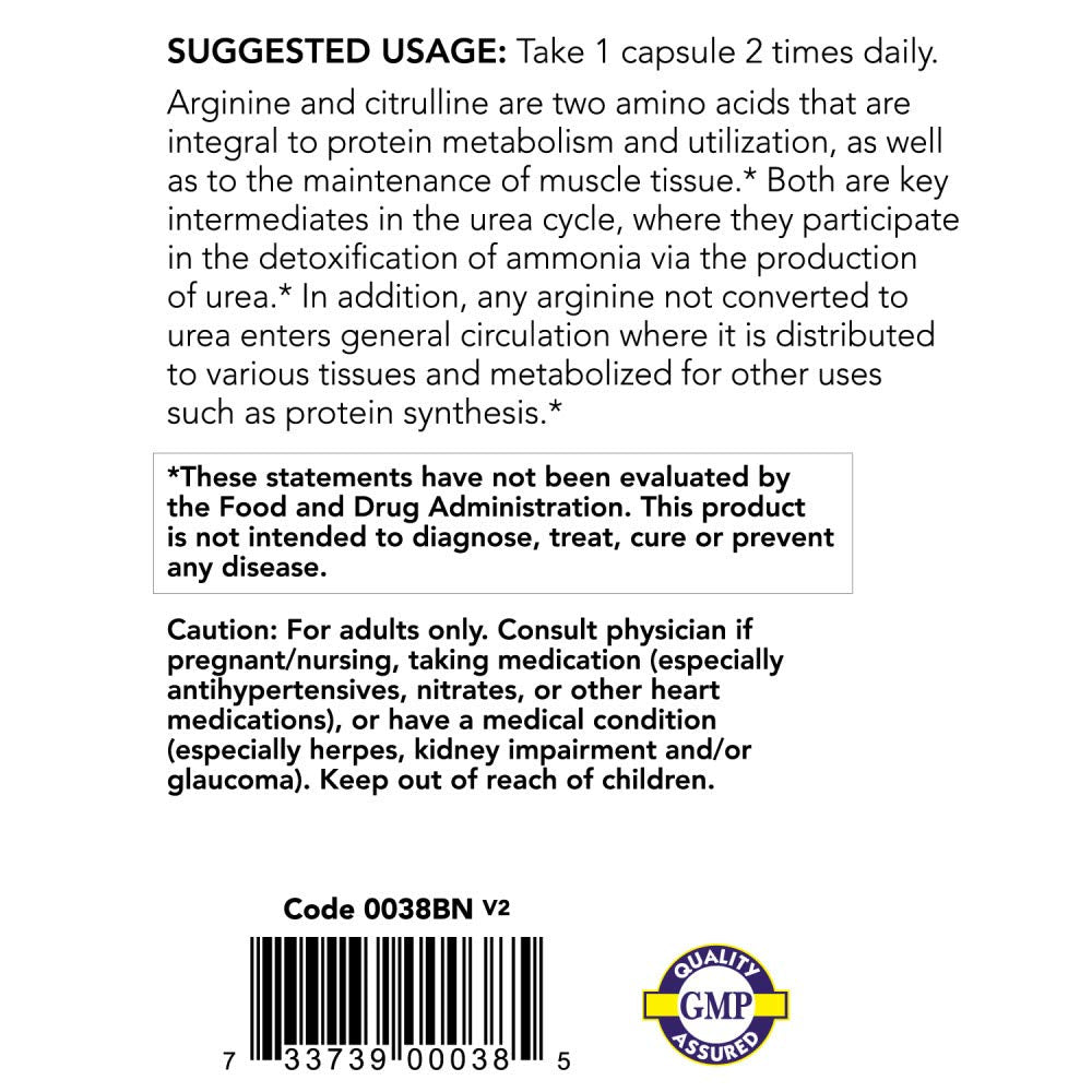 Nutrition facts and ingredients label for NOW Arginine and Citrulline