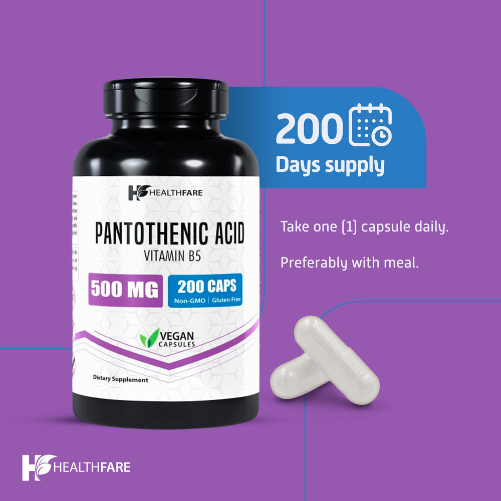 Nutrition facts label for Healthfare Pantothenic Acid 500mg