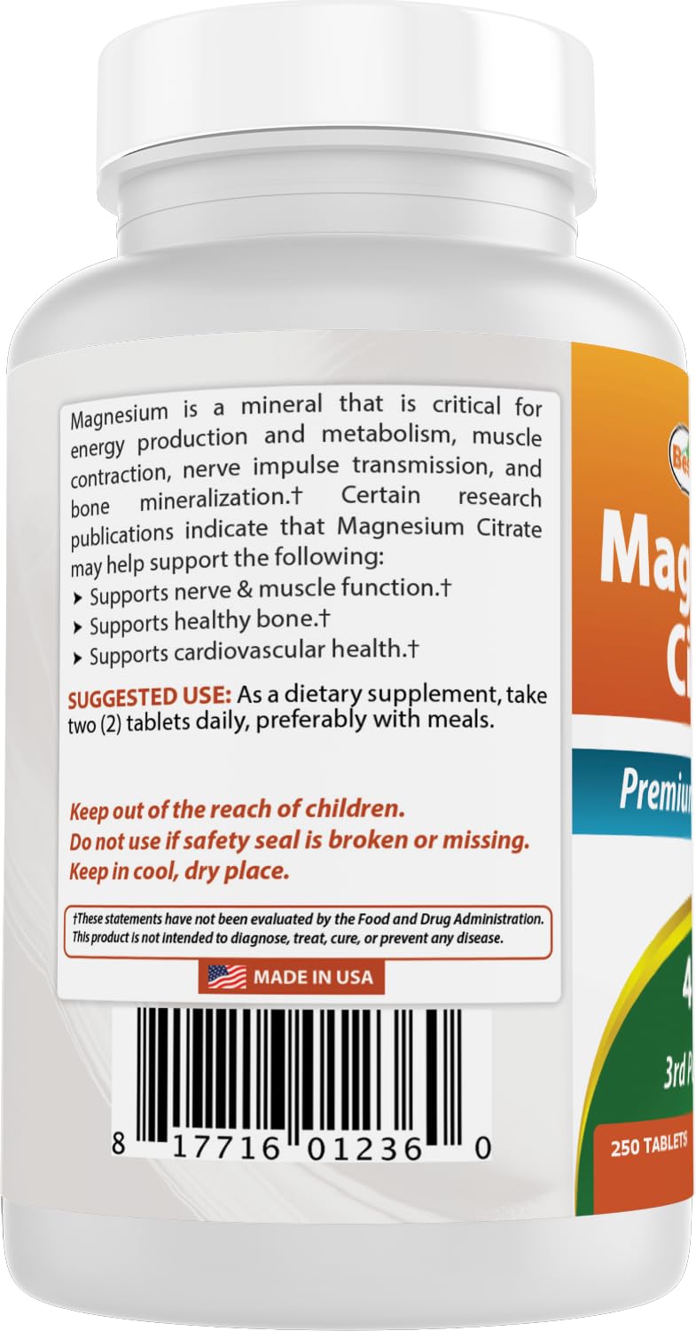 Nutrition facts panel for Best Naturals Magnesium Citrate 400mg