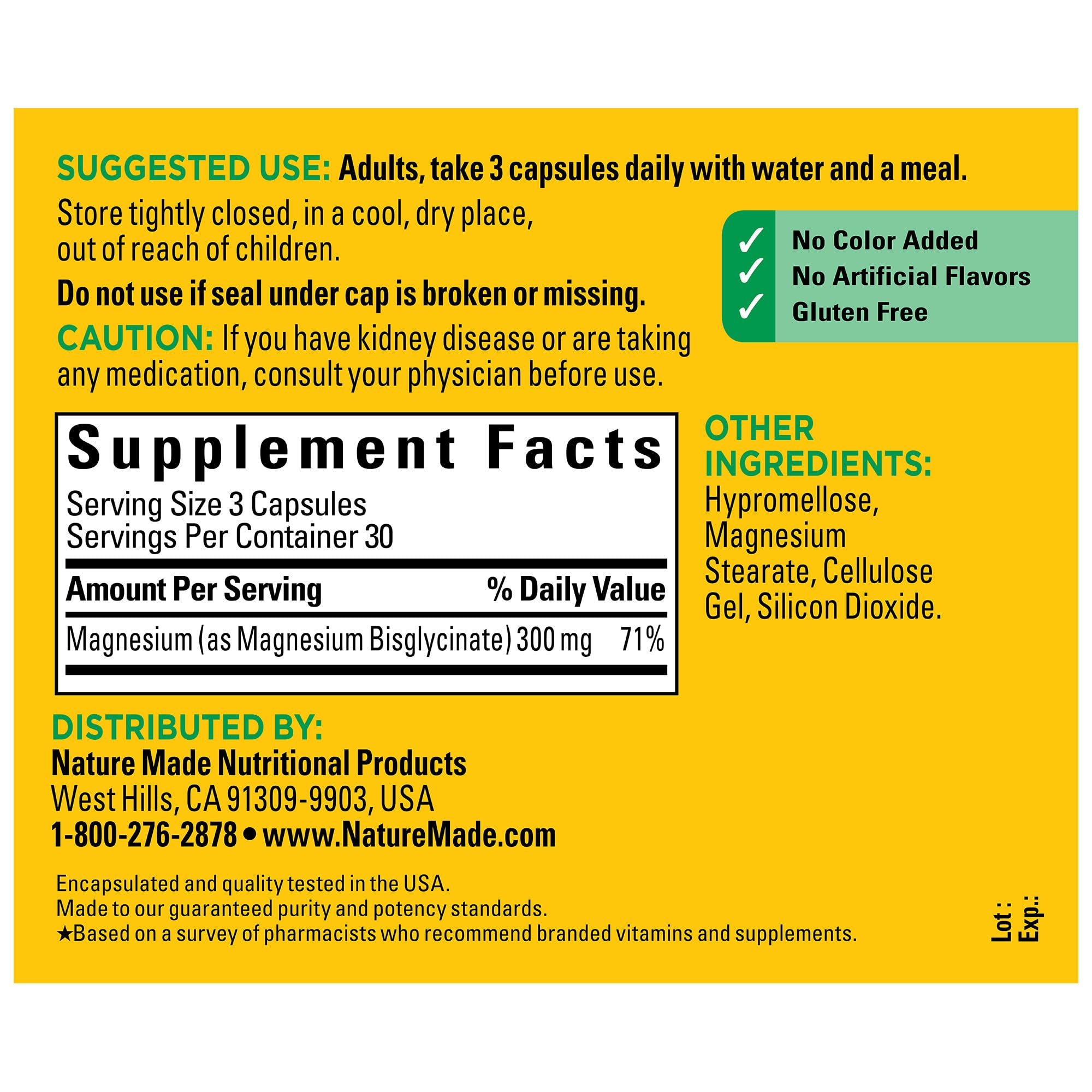 Nutrition facts panel for Magnesium Glycinate 300 mg