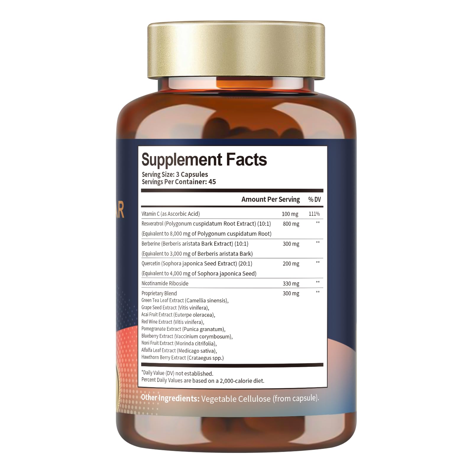 Nutrition facts panel for Resveratrol Berberine 120 capsules