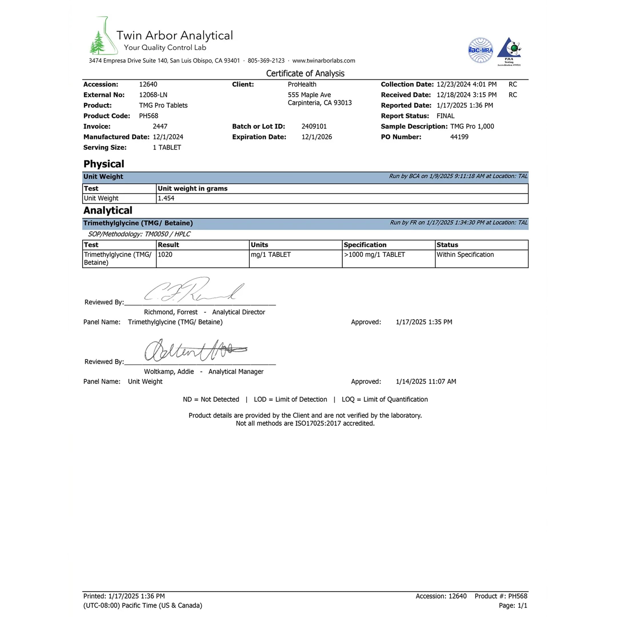 Nutrition facts label for TMG 1000 mg supplement