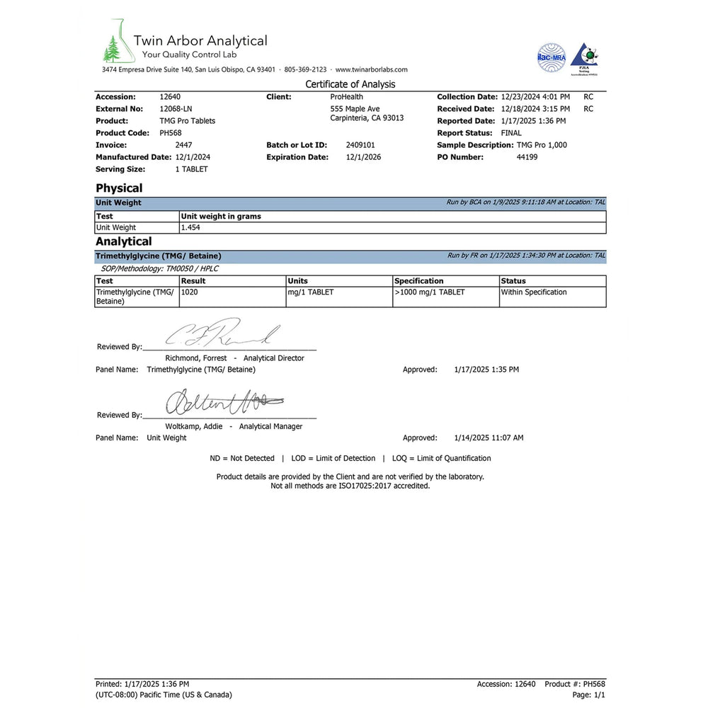 Nutrition facts label for TMG 1000 mg supplement