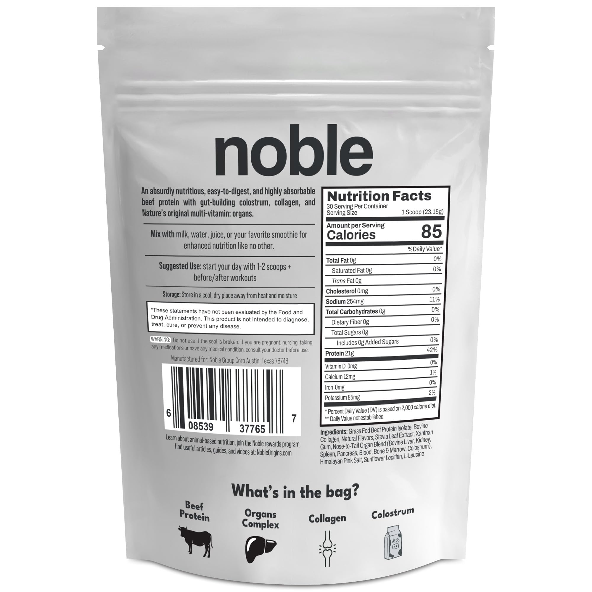 Nutrition label and serving information for Noble beef protein powder