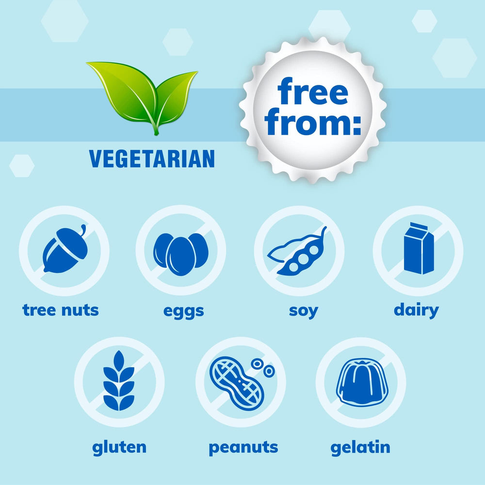 Allergen-free badge indicating gluten, milk, soy, peanut, tree nut, and egg free