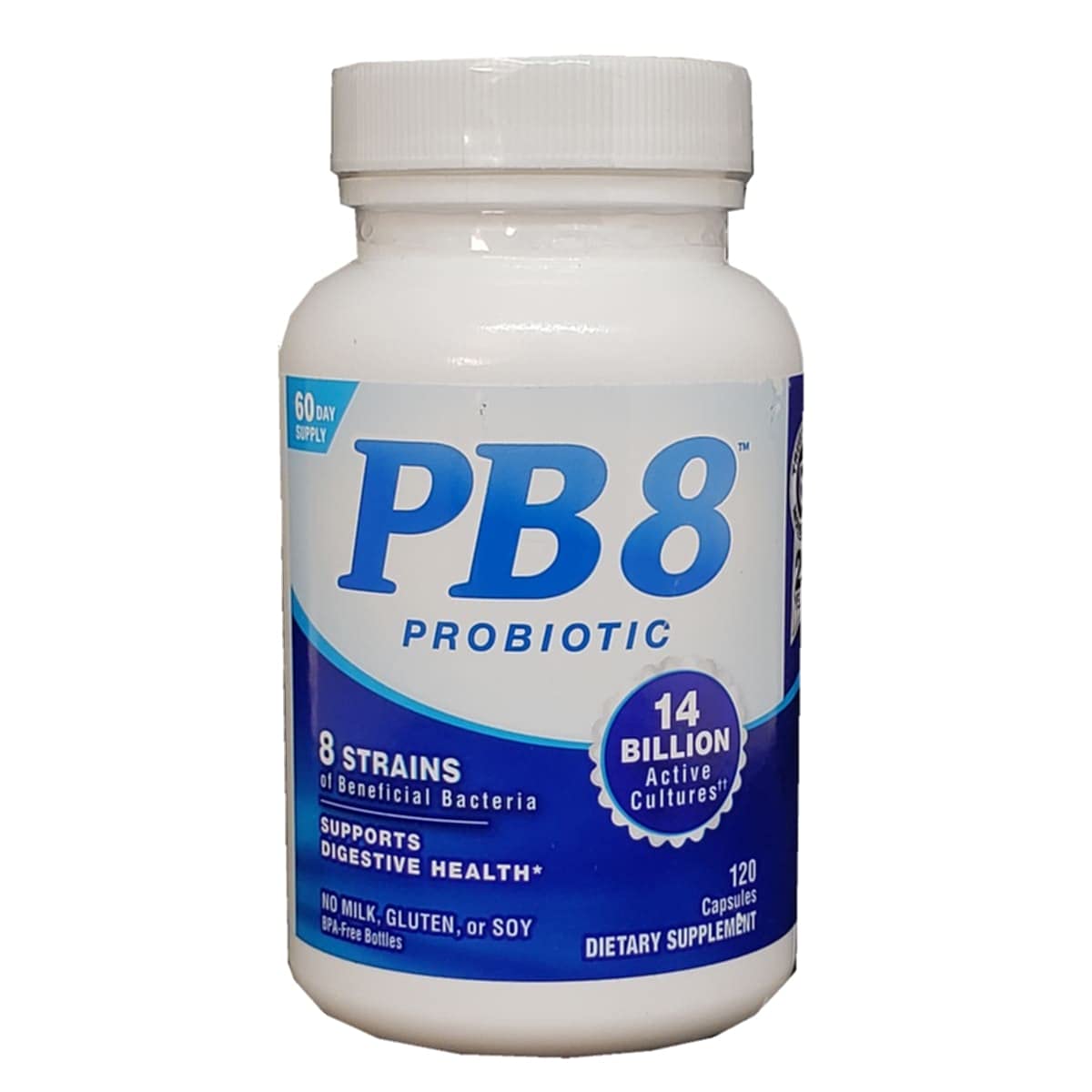 Bottle of Nutrition Now PB 8 Acidophilus 120 capsules on white background