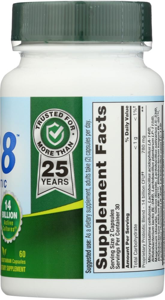 Close-up of bottle label showing 14 Billion Active Cultures and 8 strains.